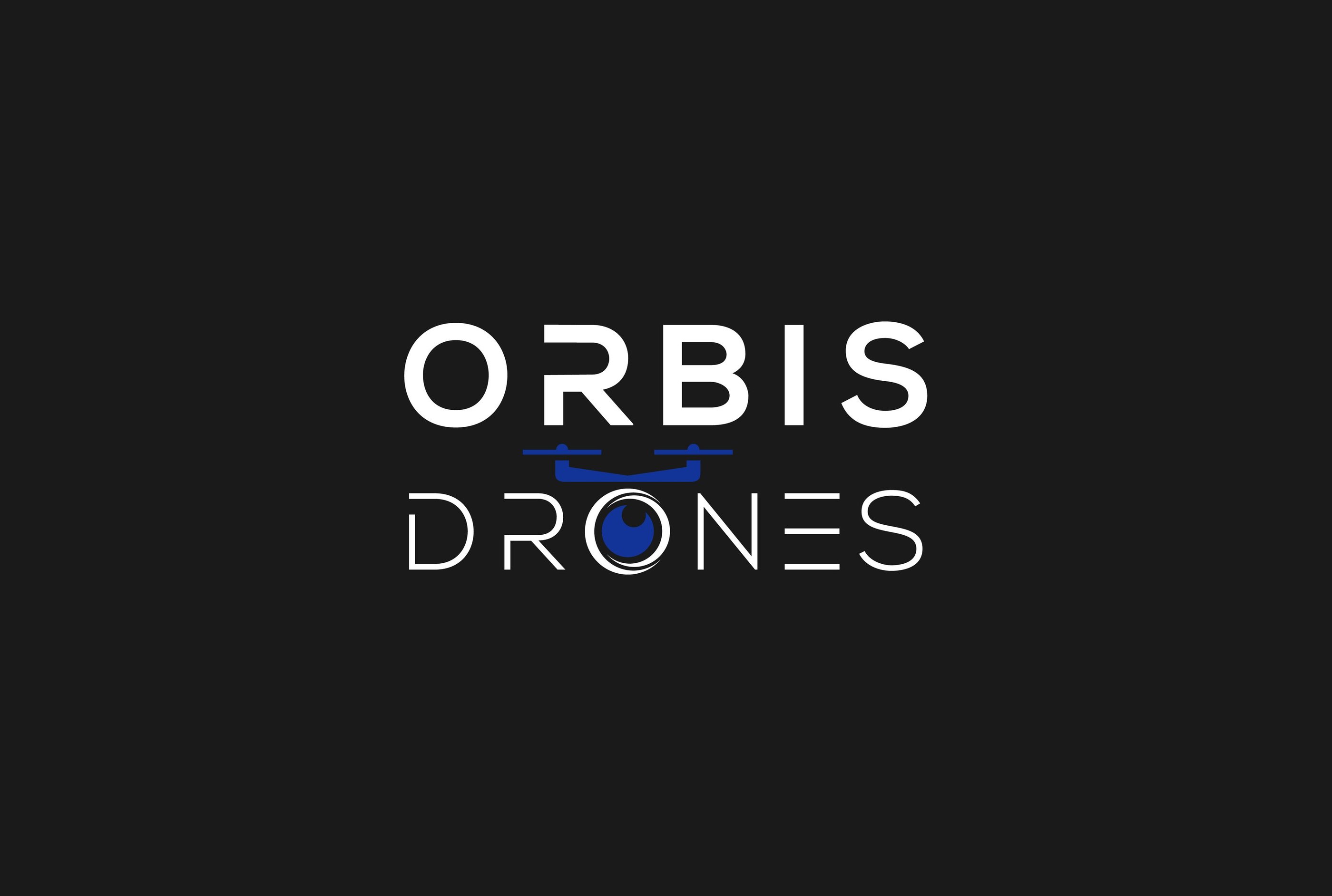 Orbis Drones professional logo featuring white sans-serif typography and a blue drone icon on a black background.
