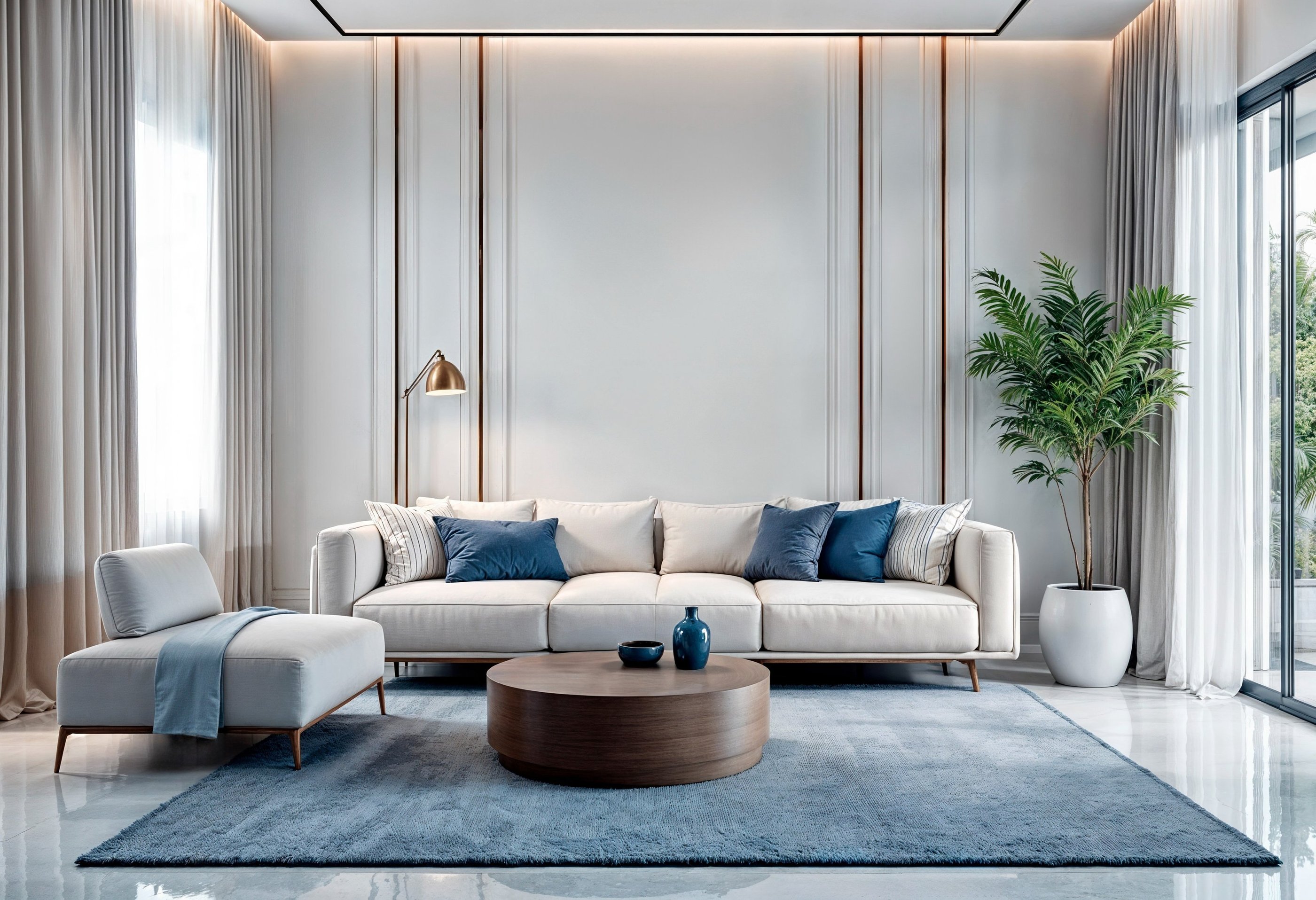Modern luxury living room with a white sofa, blue pillows, and a round wooden coffee table on a blue rug.