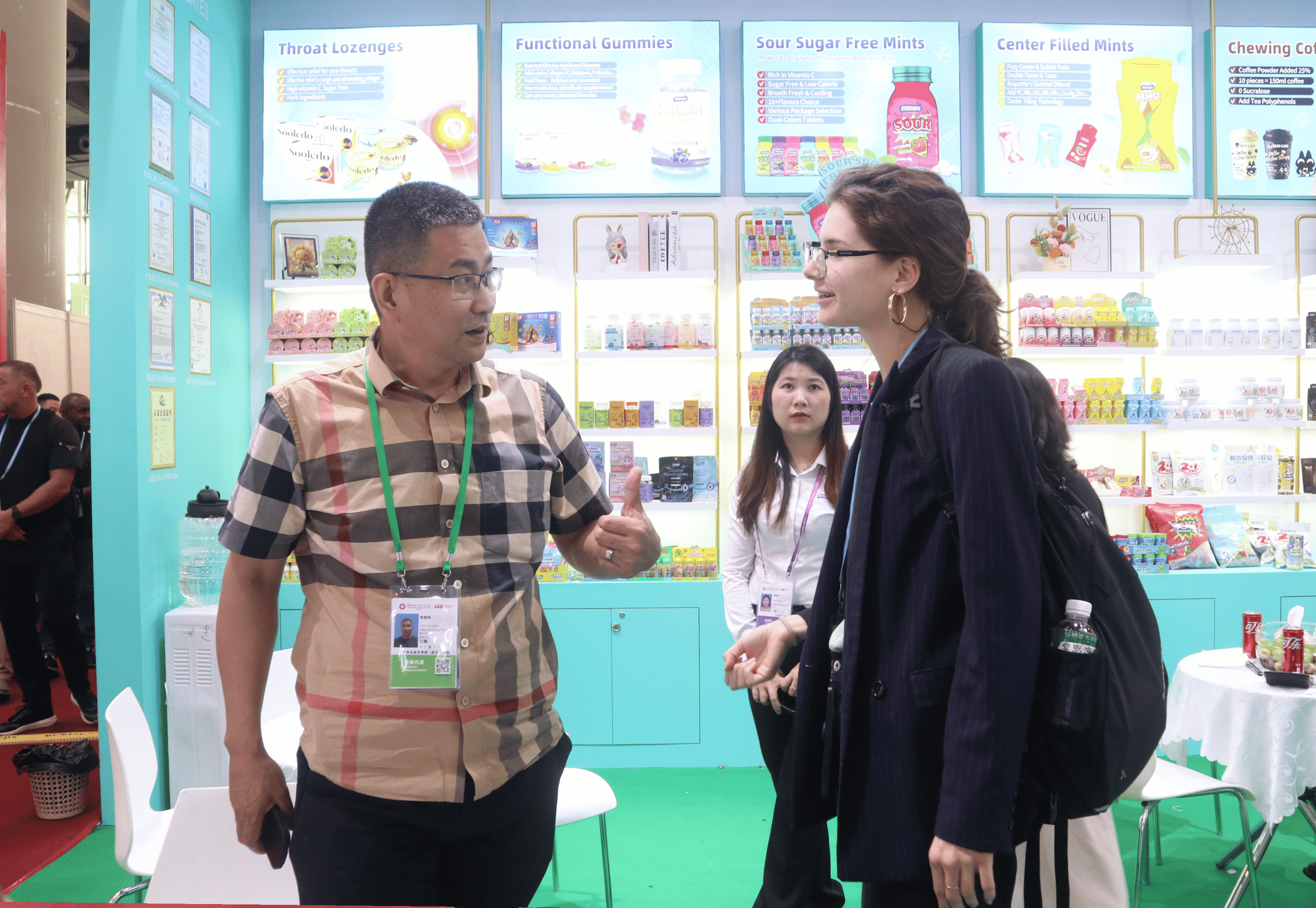 Product sourcing agency connecting global buyers with Chinese nutraceutical suppliers at a Chinese trade show