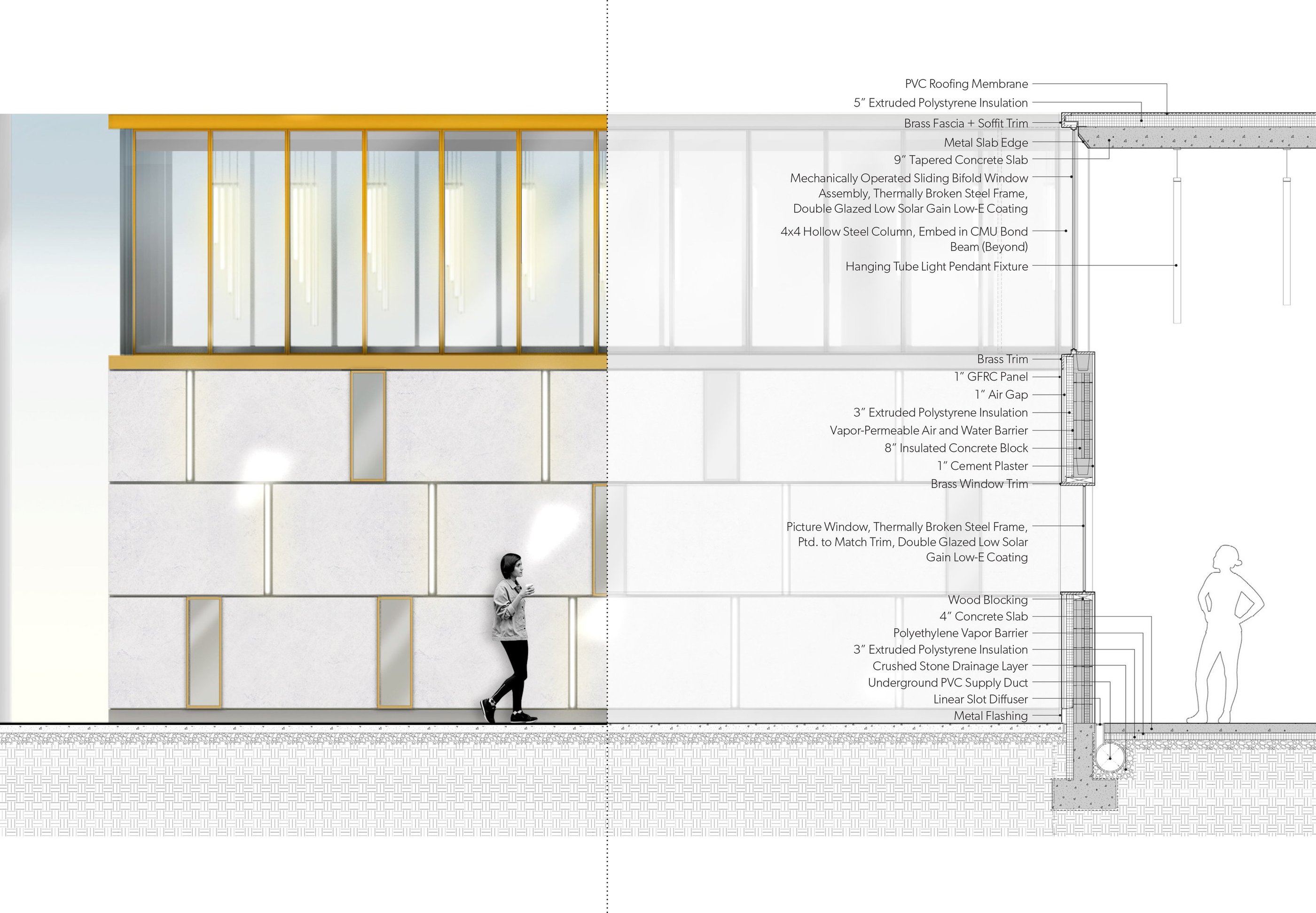 An elevation and wall section drawing of a building