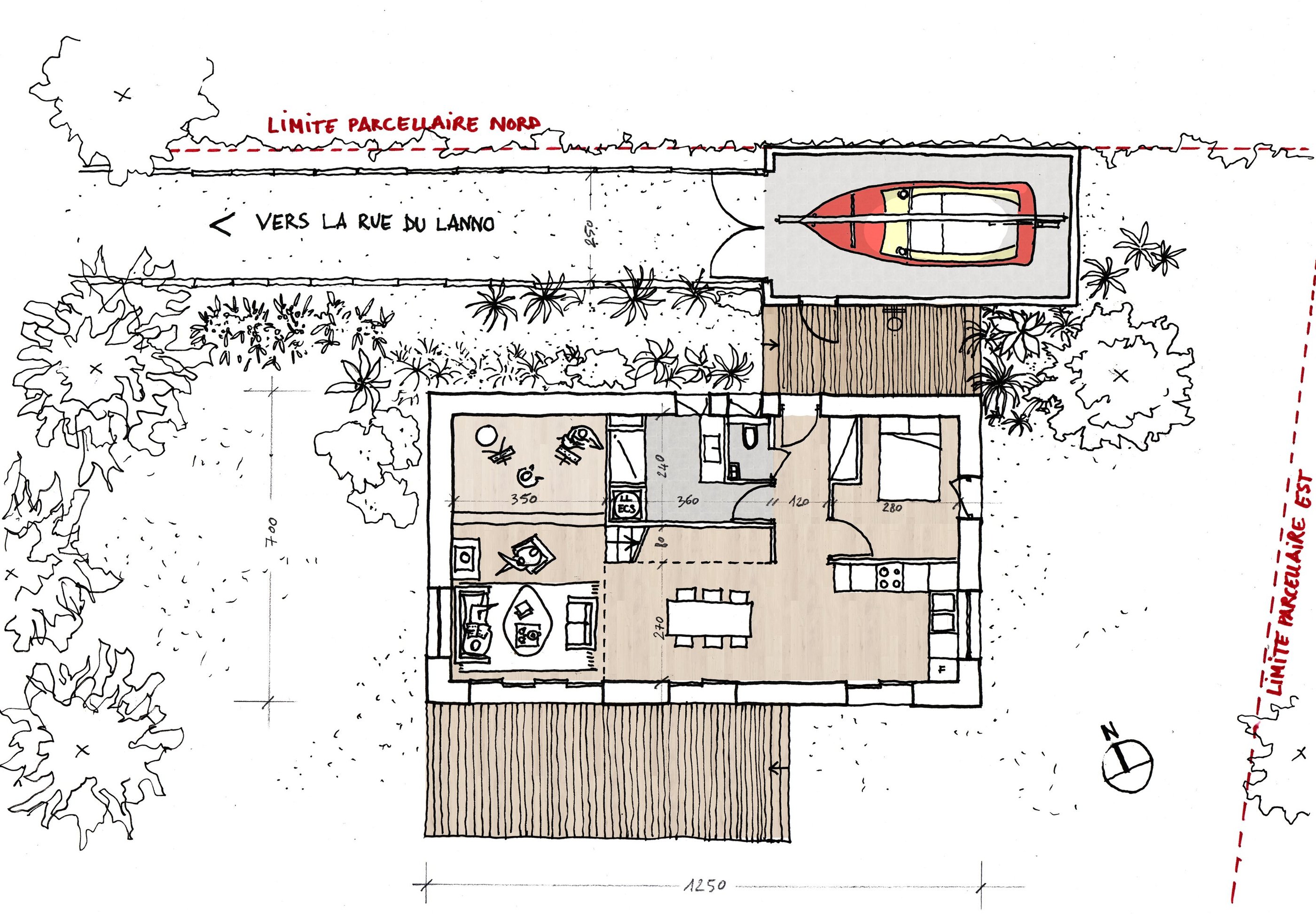 Plan de rez-de-chaussée à la main. Architecte Vannes