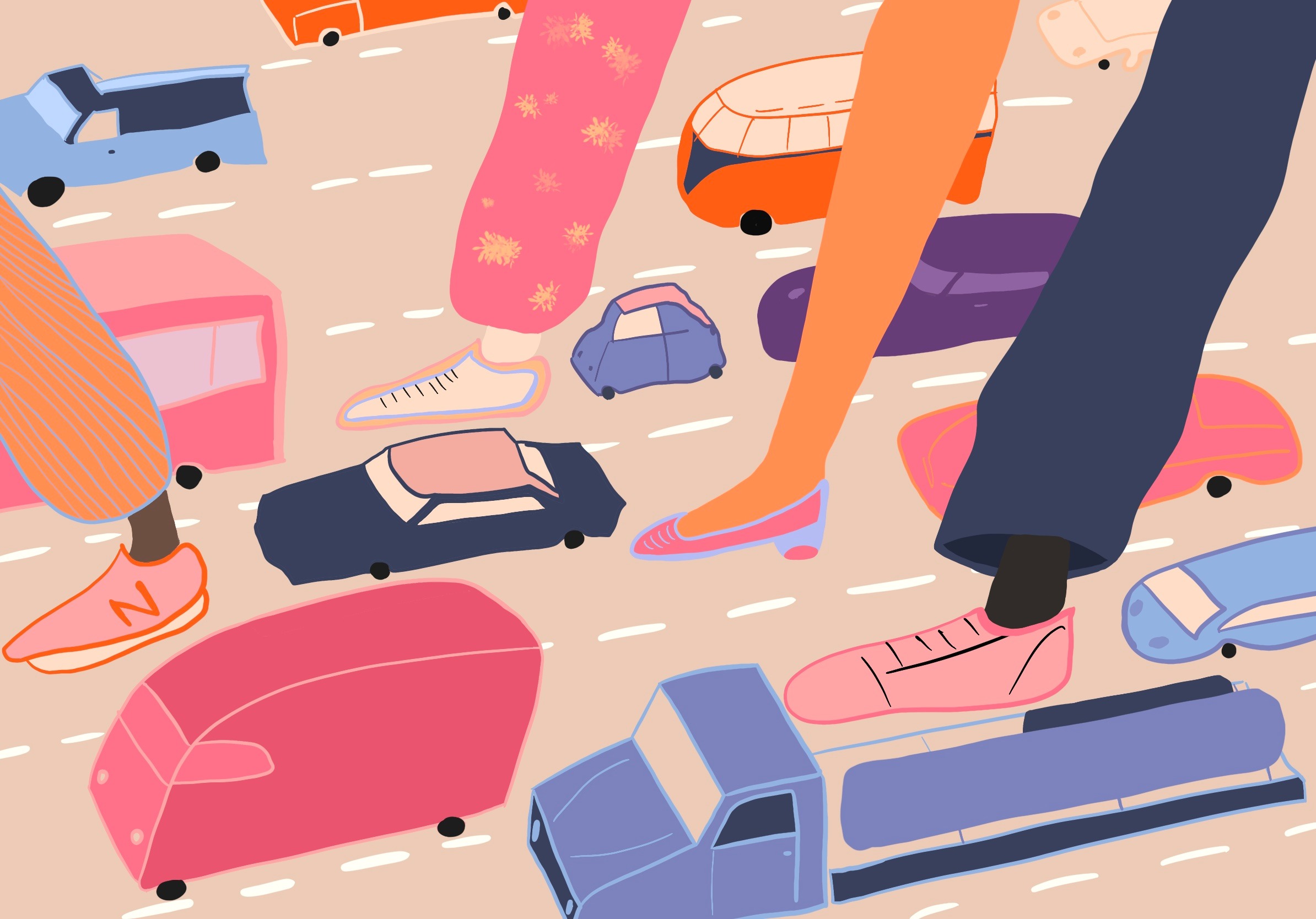 Könül Kina Bayramova flat illustration a person standing on a street with many different cars