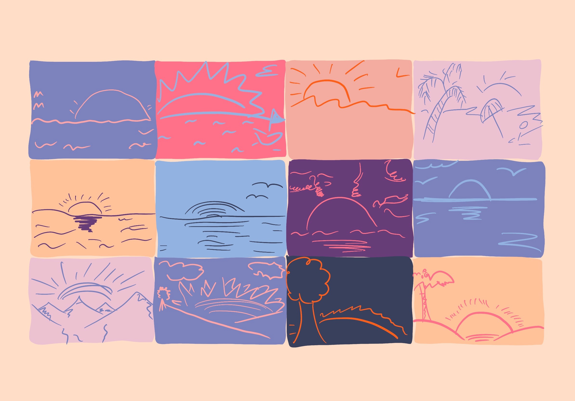 Könül Kina Bayramova typical doodles sunset flat illustration