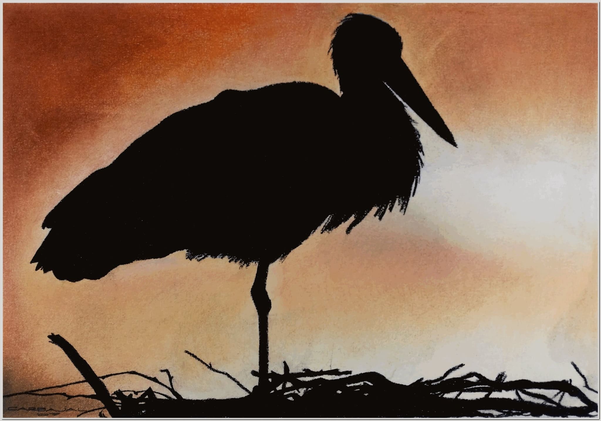 Dibujo realista a pastel de garza en silueta sobre fondo cálido anaranjado, obra de arte