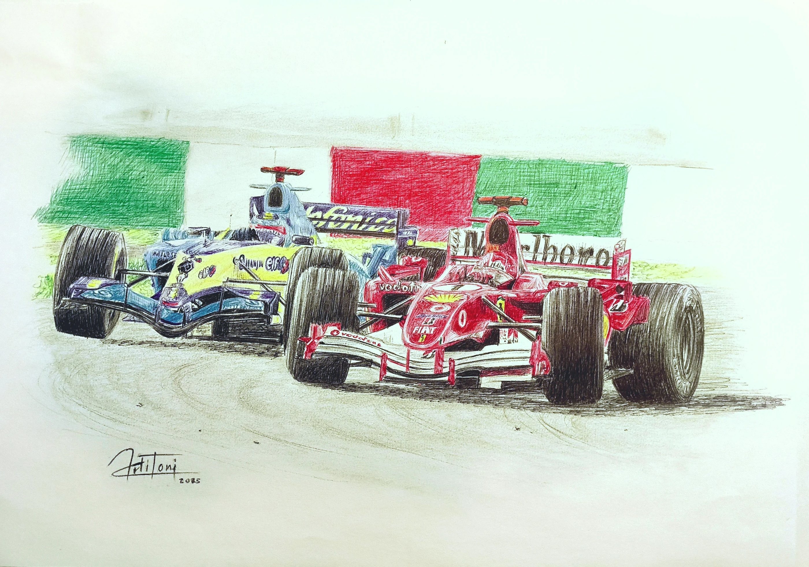 Dibujo que retrata el histórico adelantamiento de Alonso a Shumacher en Suzuka 2005