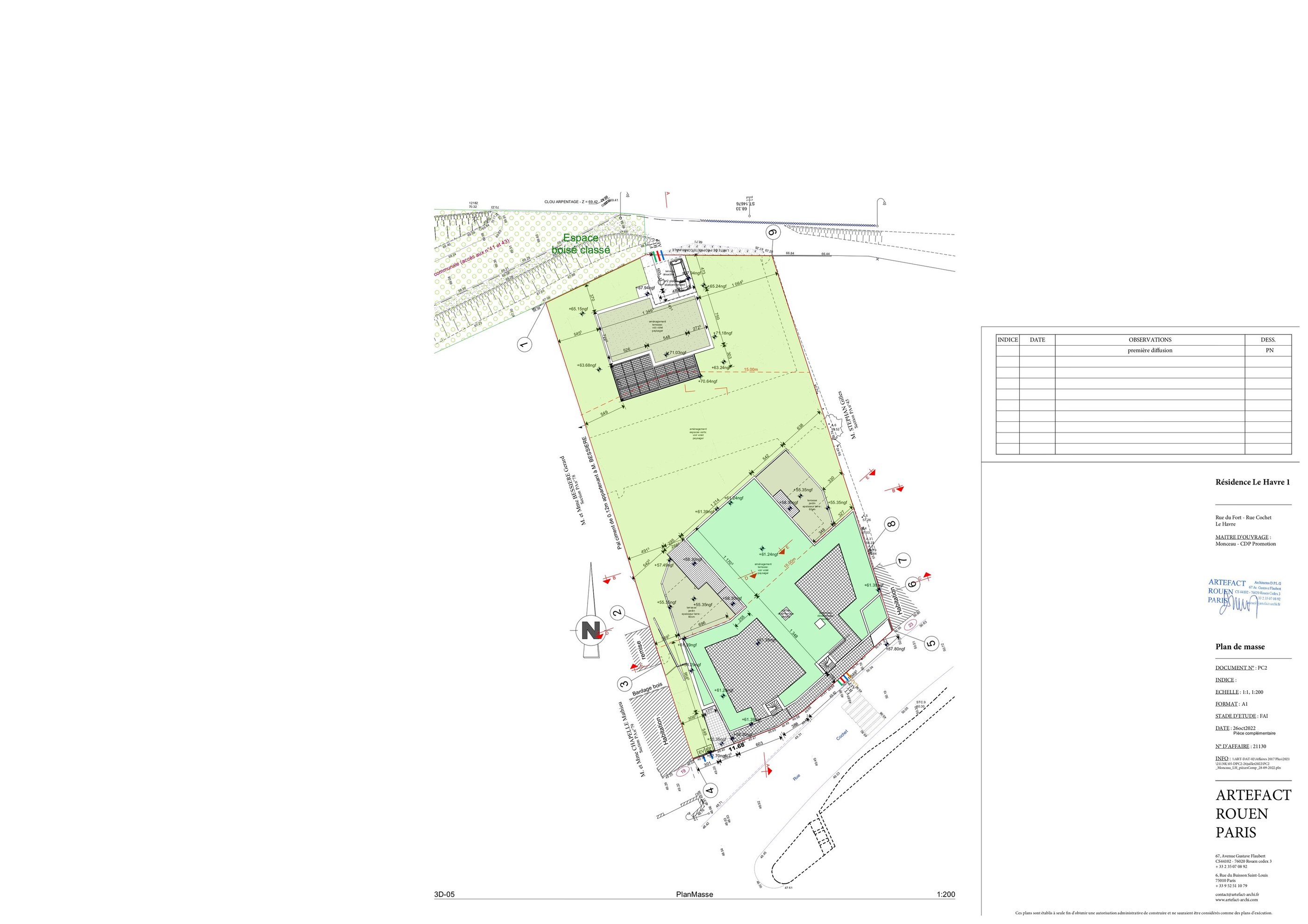 Plan de masse de la résidence Les Terrasses du Fort au Havre présentant l’implantation du bâtiment, 
