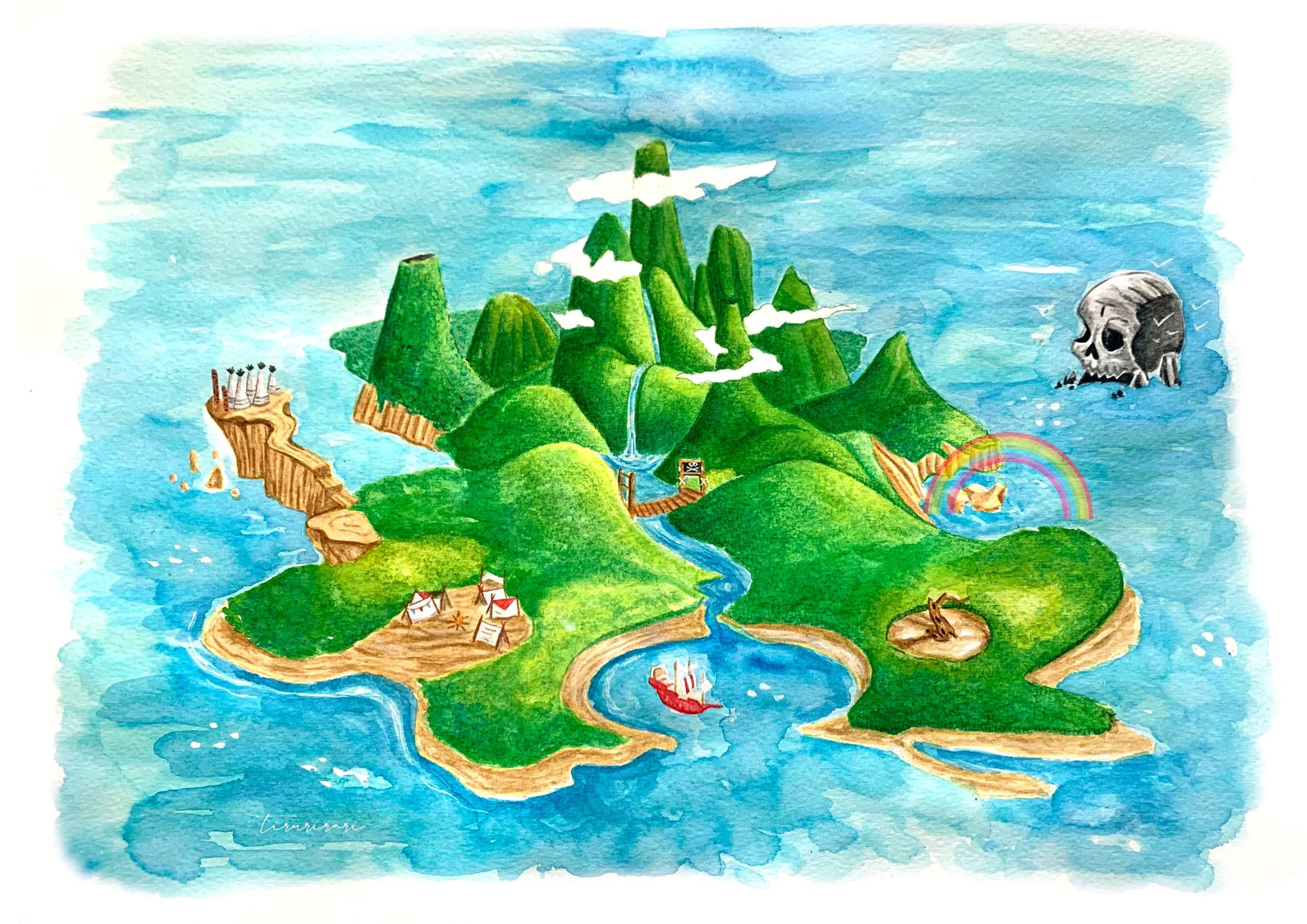 Watercolor illustration of a tropical pirate island map with mountains, a skull rock, and a red ship.