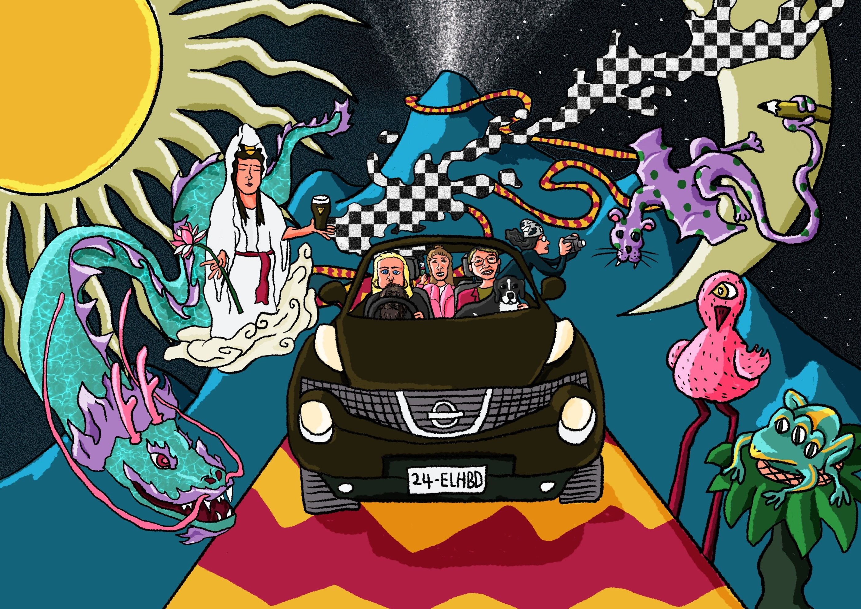 這是由廢材Fade Chai所創作的插畫：內容是一個金髮女開著車載著他的三個好友和他的兩隻狗狗去兜風，沿路上談天說地，蜿蜒的山路看著窗外有奇景有紫色的豹頭飛天怪、粉色獨眼鳥、觀音菩薩拿著Guinnes