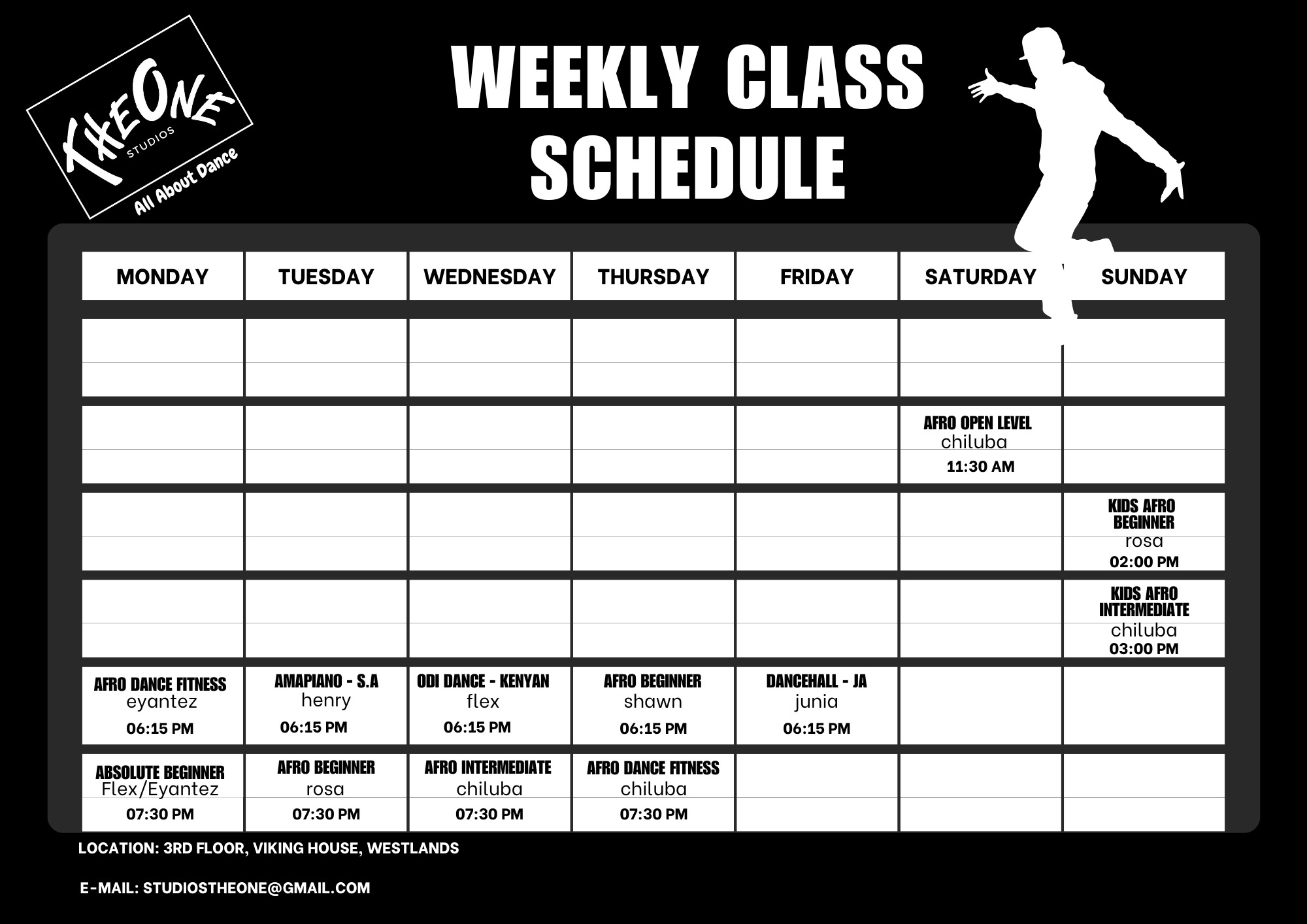 Weekly dance class schedule for TheOne Studios in Nairobi, showing class times, teachers and styles.
