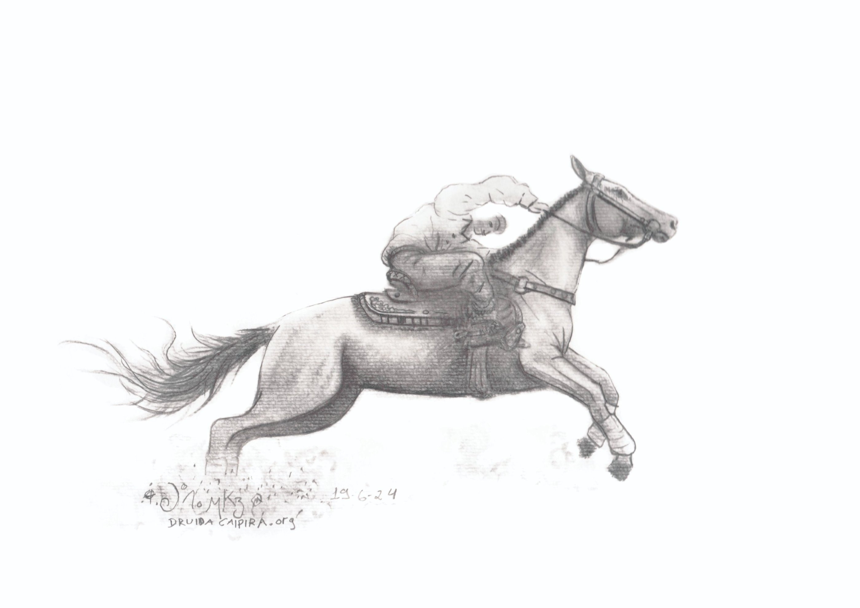 Cavaleiro sente a gravidade no arranque do cavalo, desenho do Jaum de 2024
