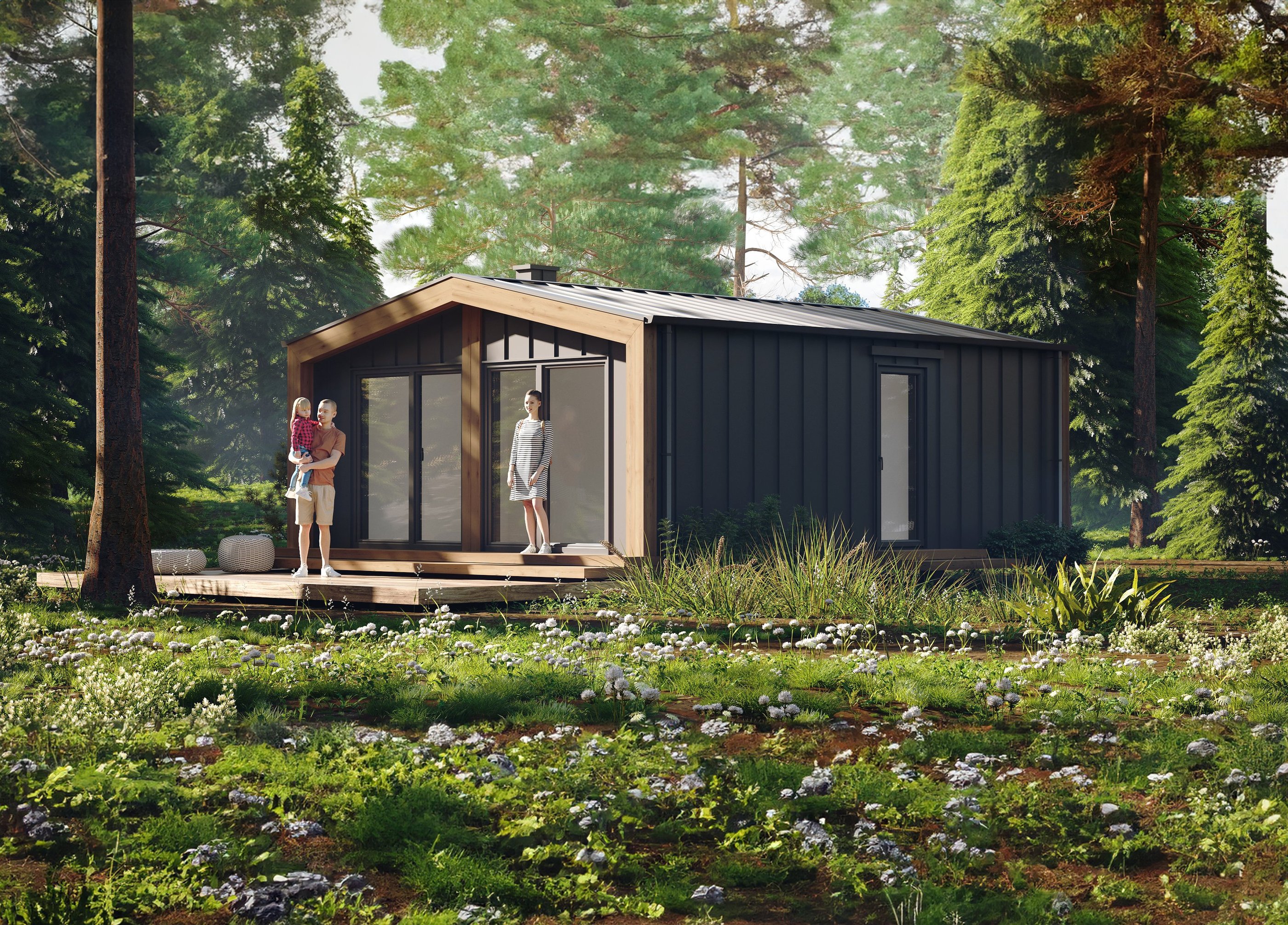 Energooszczędny dom modułowy parterowy o powierzchni poniżej 50 m² wykończony antracytową blachą