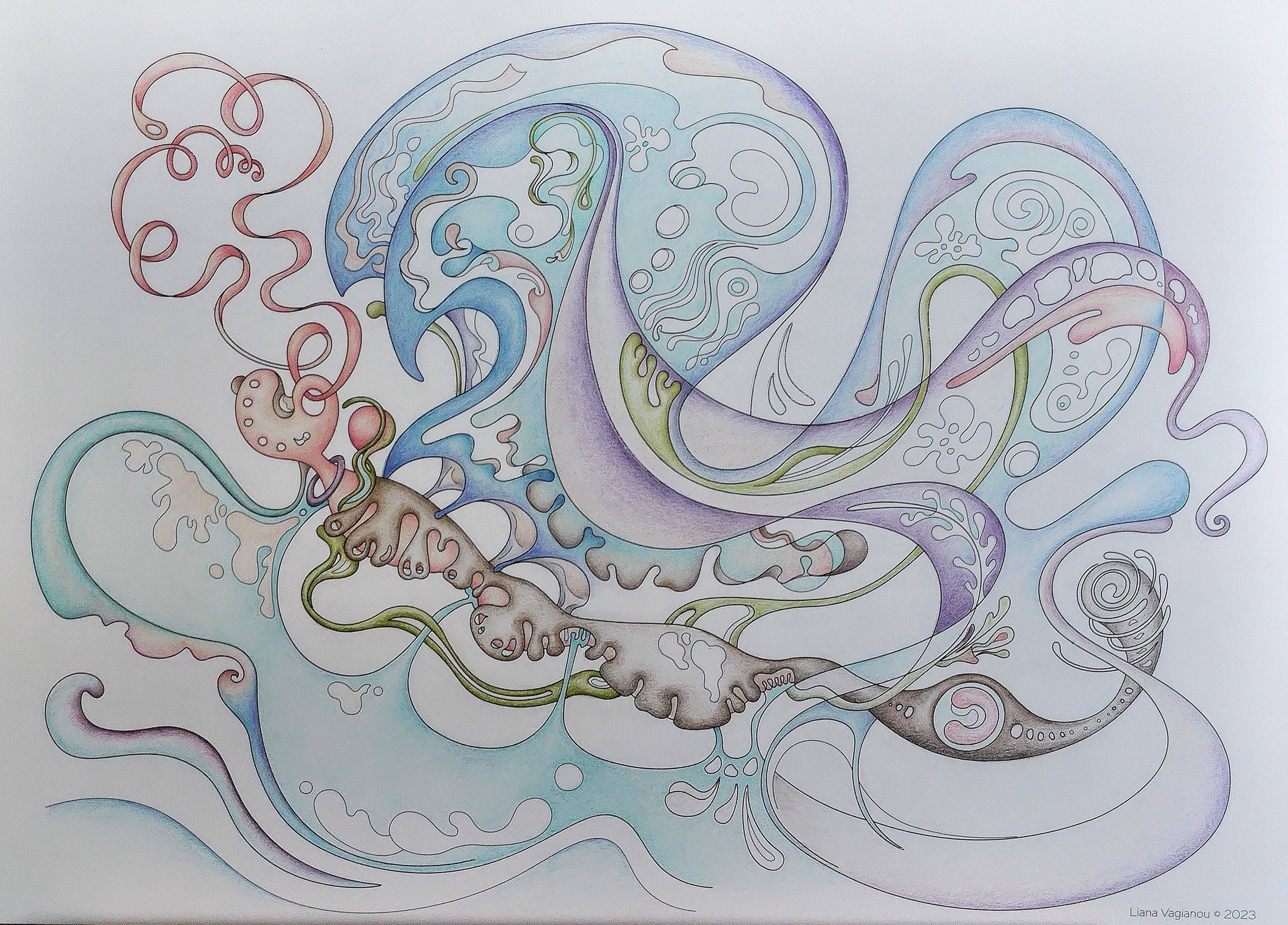 In-progress surreal creature detail from Intuitive Dialogues in blue tones.