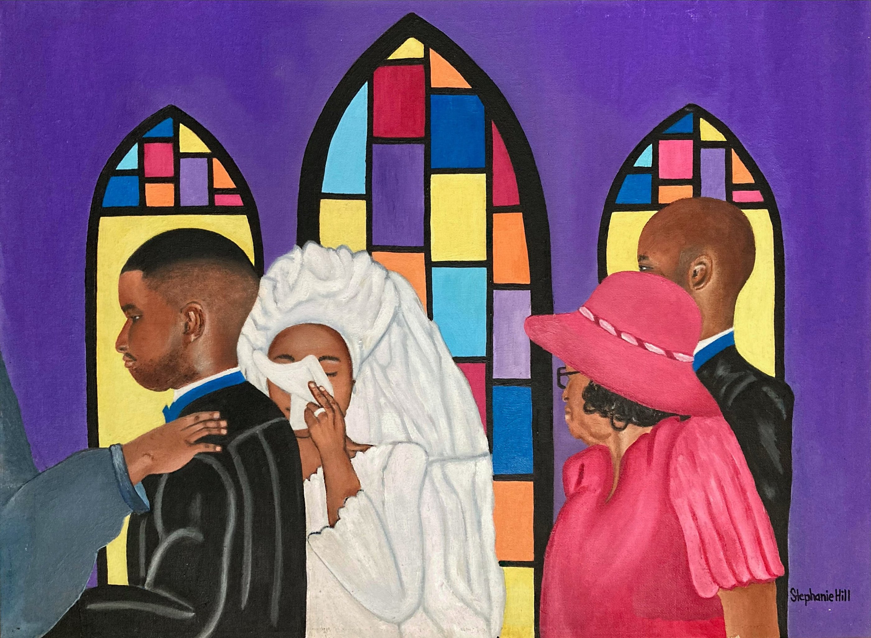 An original oil painting of a happy church wedding scene titled "Tears of Joy"
