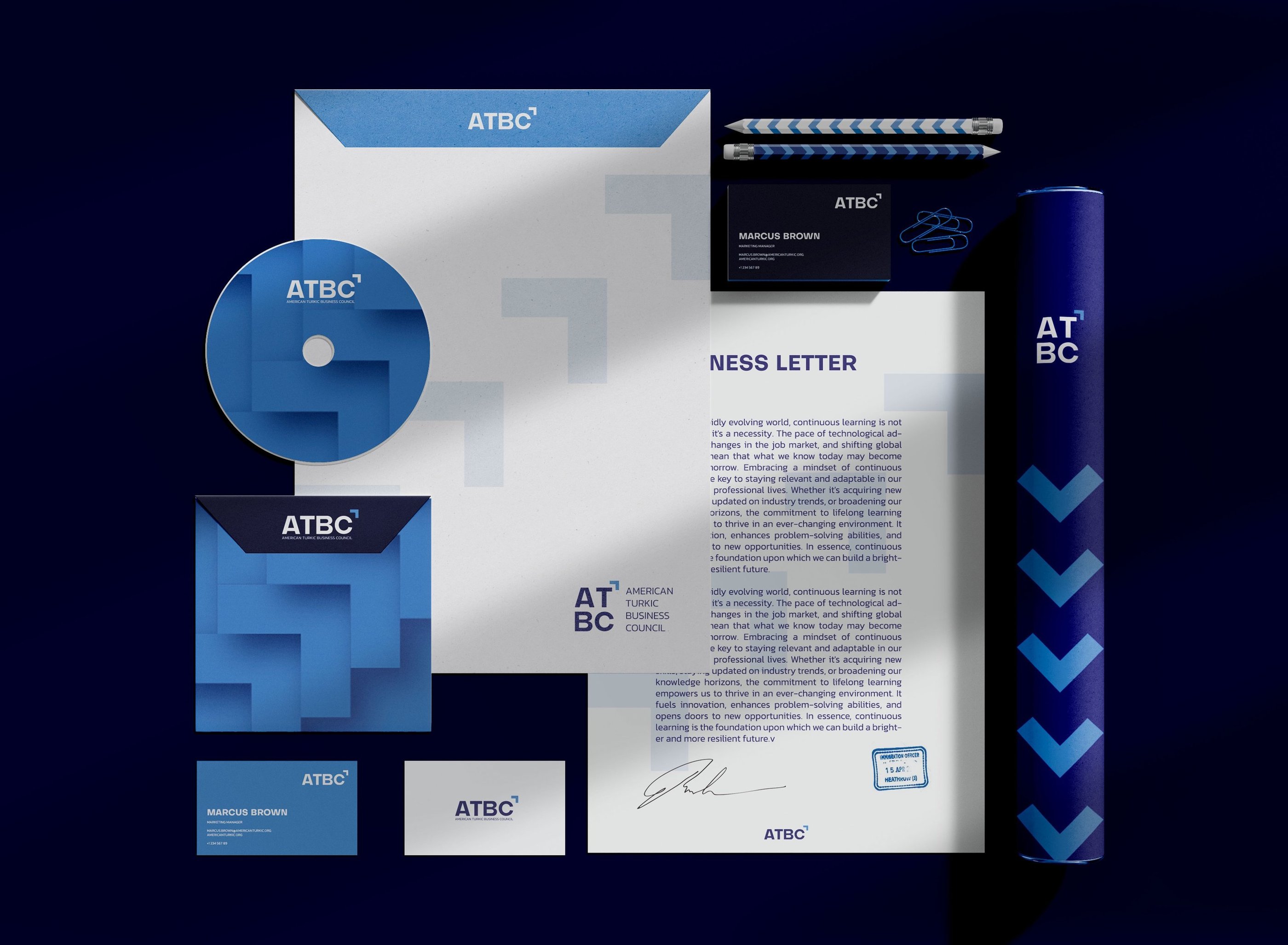 a business letterhead with a blue and white envelope