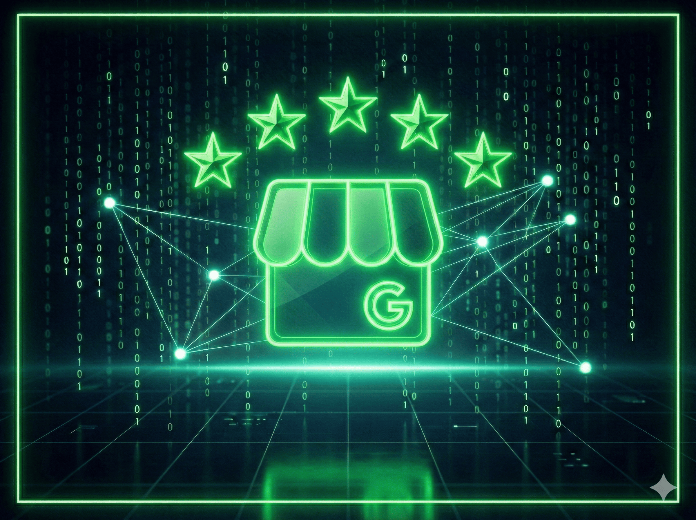 Logo GBP neon verde protegendo 5 estrelas, simbolizando o serviço de Gestão de Avaliações e Reputação no Google.