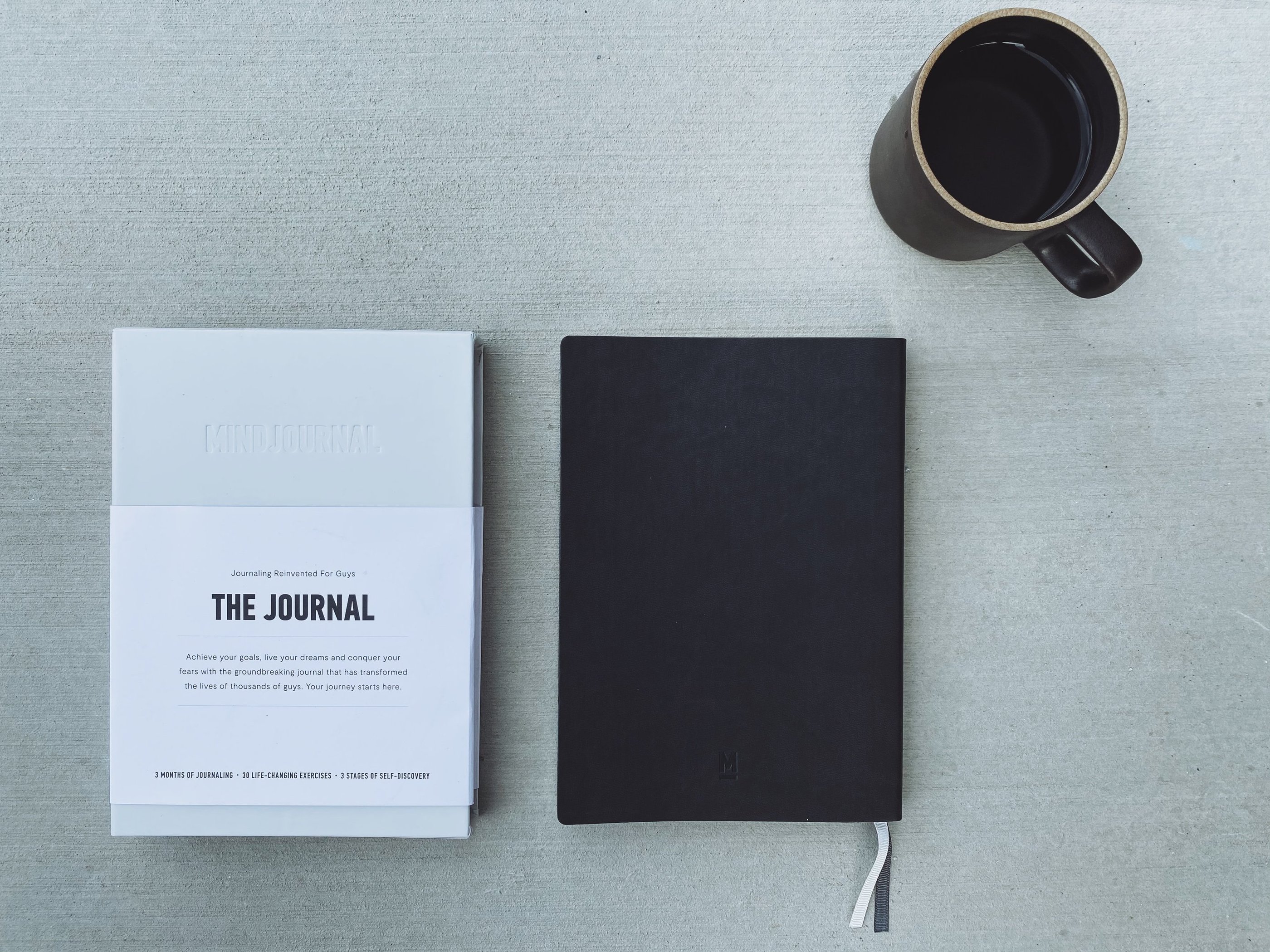 journal, journal sleeve and cup of coffee