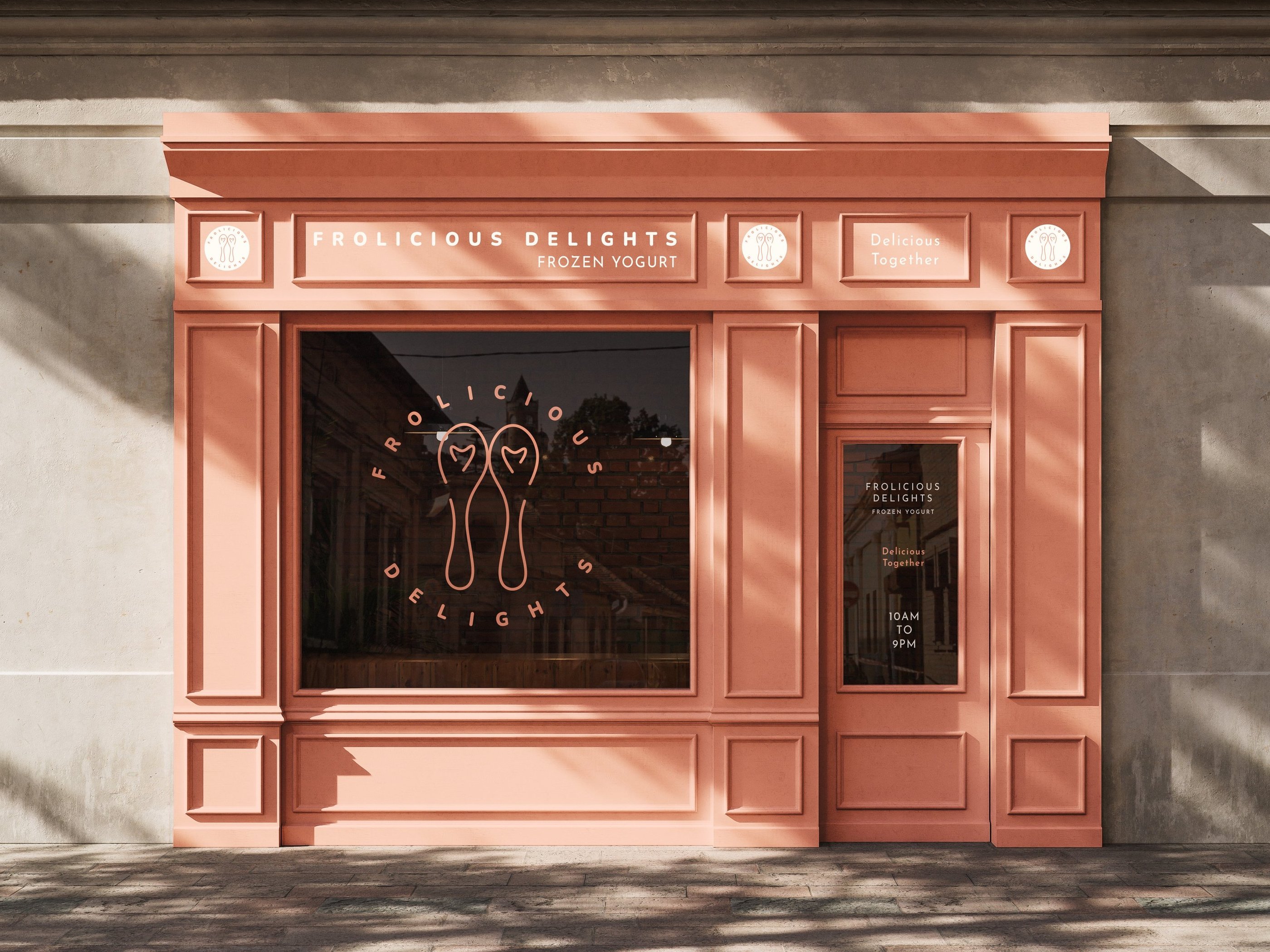 Frolicious Delights frozen yogurt shop front concept — brand identity design by Laura Hatchard