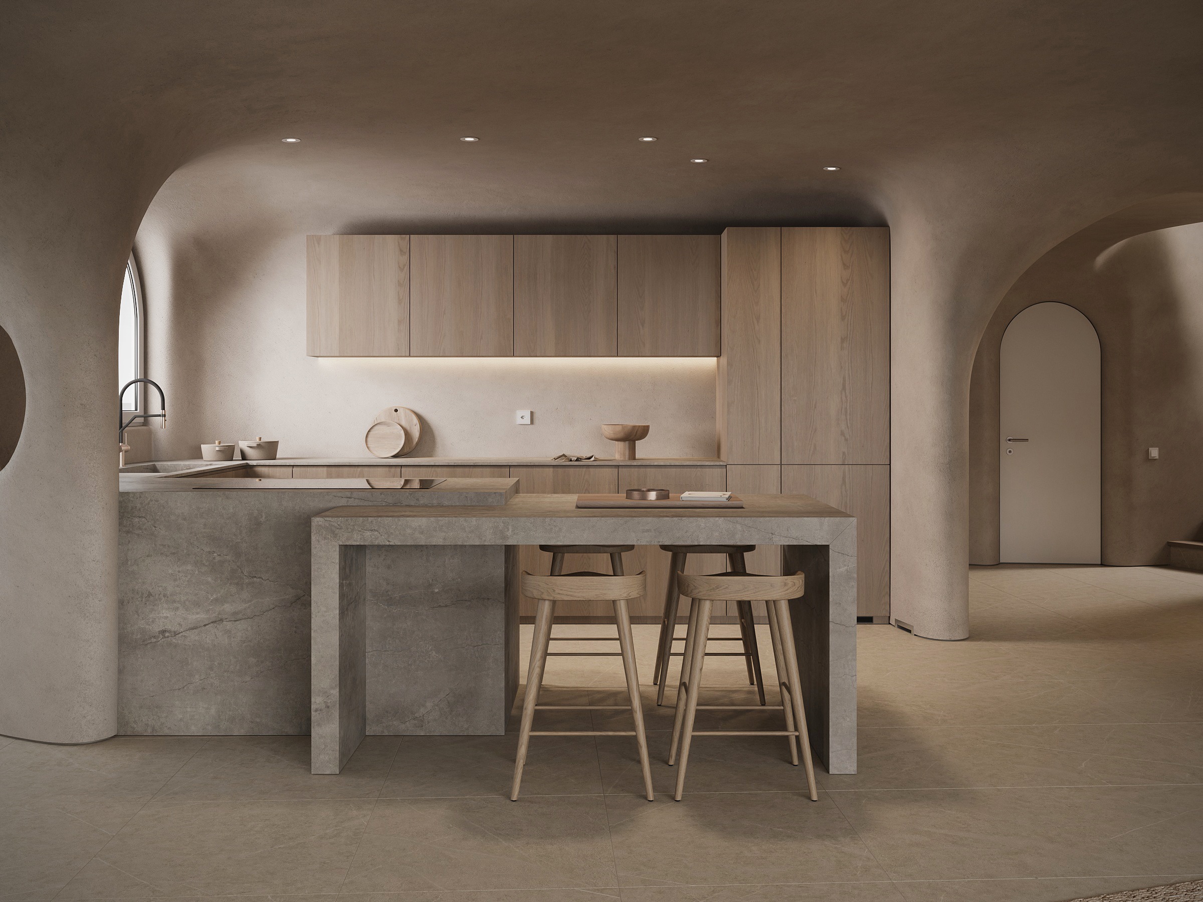 a kitchen with a counter top and a bar stool. Wabi- sabi