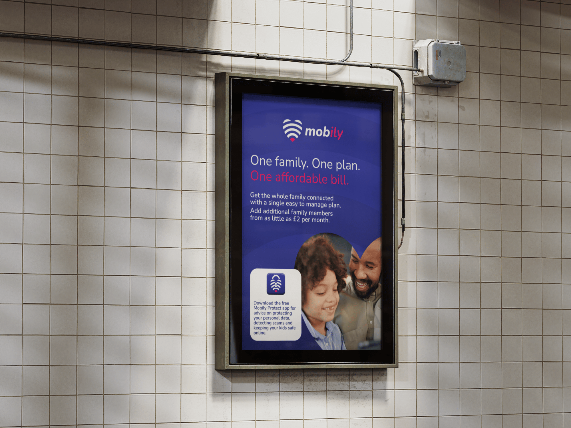 Mobily A1 poster with headline "One family. One plan. One affordable bill."