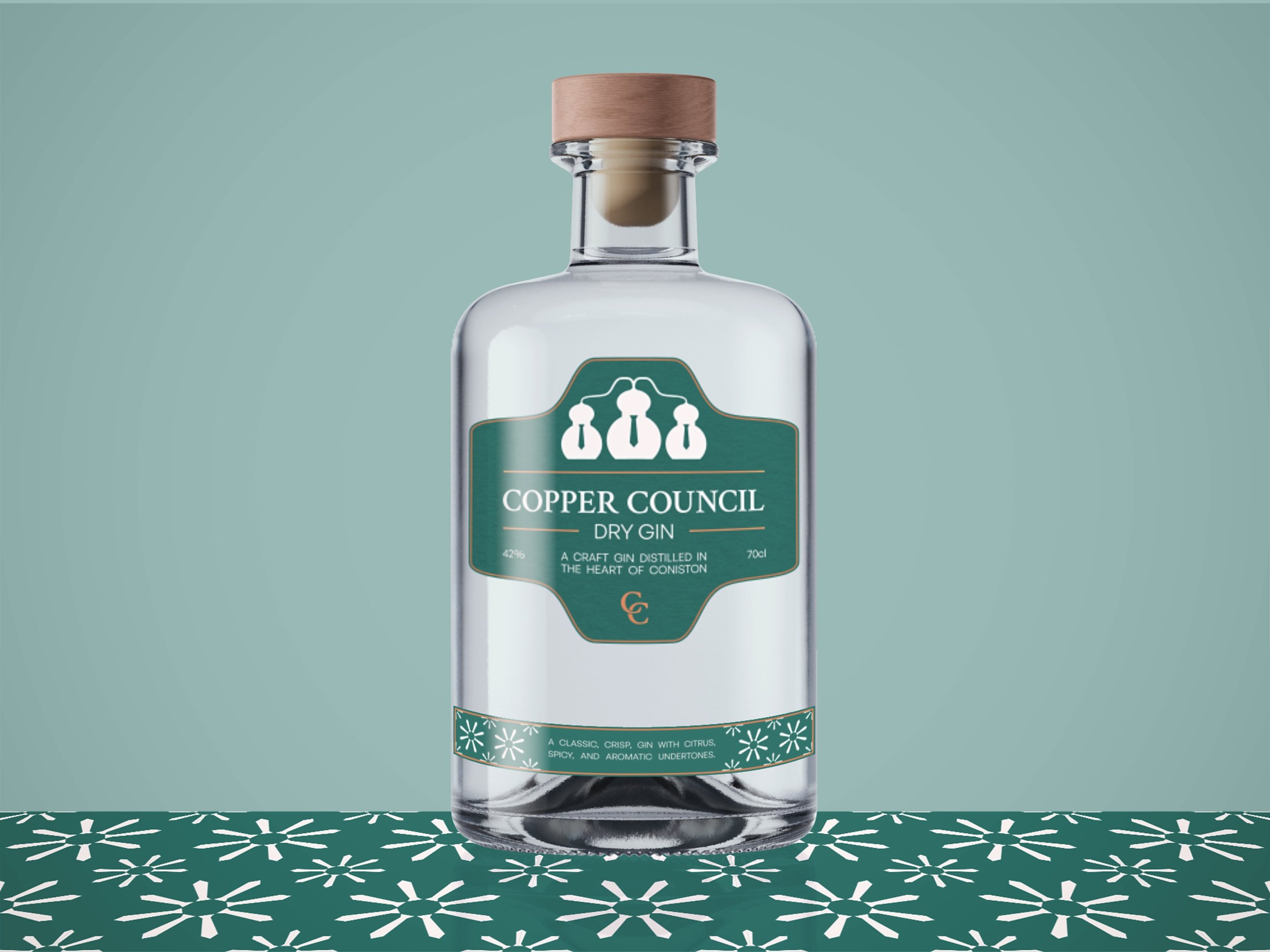 Close up of Copper Council Gin bottle label.