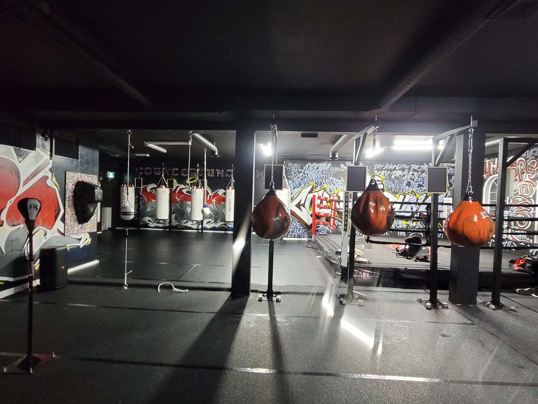 wide-shot of the counterpunch boxing club featuring boxing ring, heavy punching bags, and reflex bags