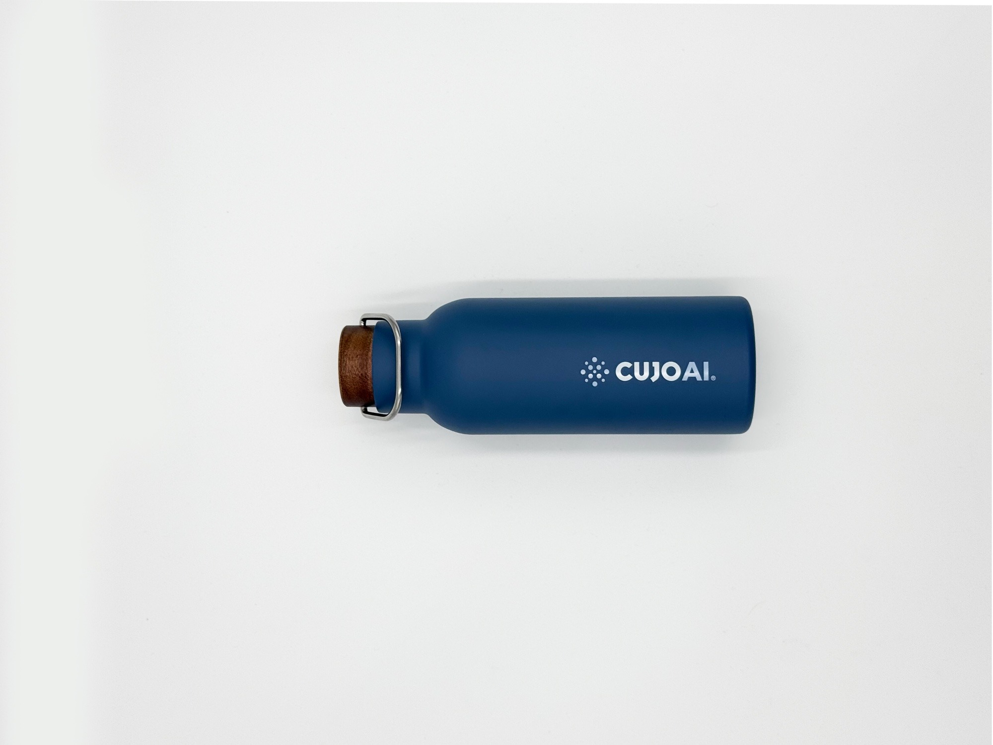 Reusable navy blue CUJOAI insulated water bottle with a wooden cork stopper on a white background.
