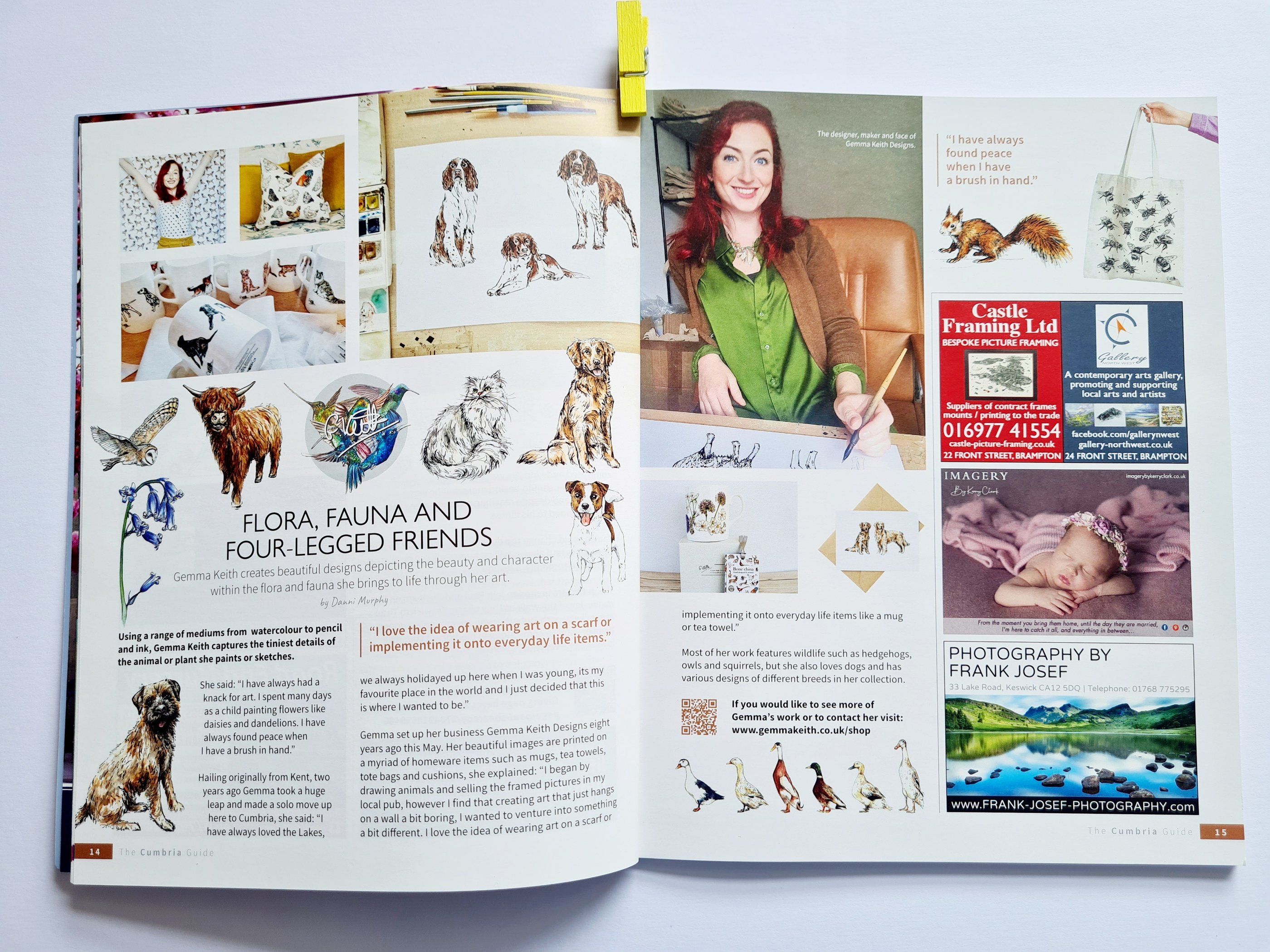 A magazine feature about Gemma Keith Designs showing watercolor animal art, mugs, and cushions.