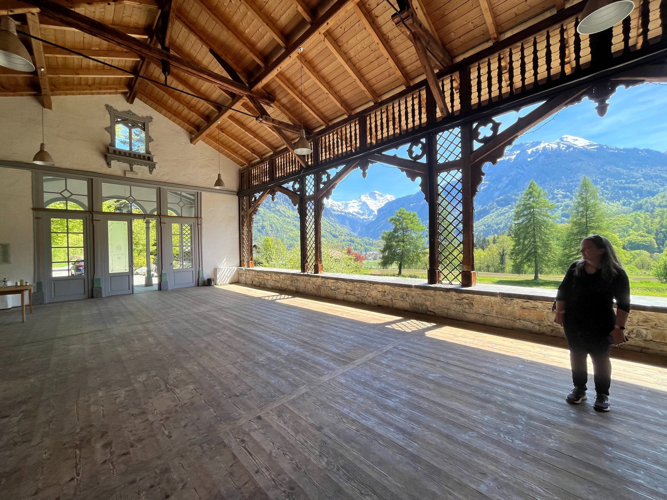 The inside of the Trinkhalle at Kleiner Rugen with views of Jungfrau and the Alps