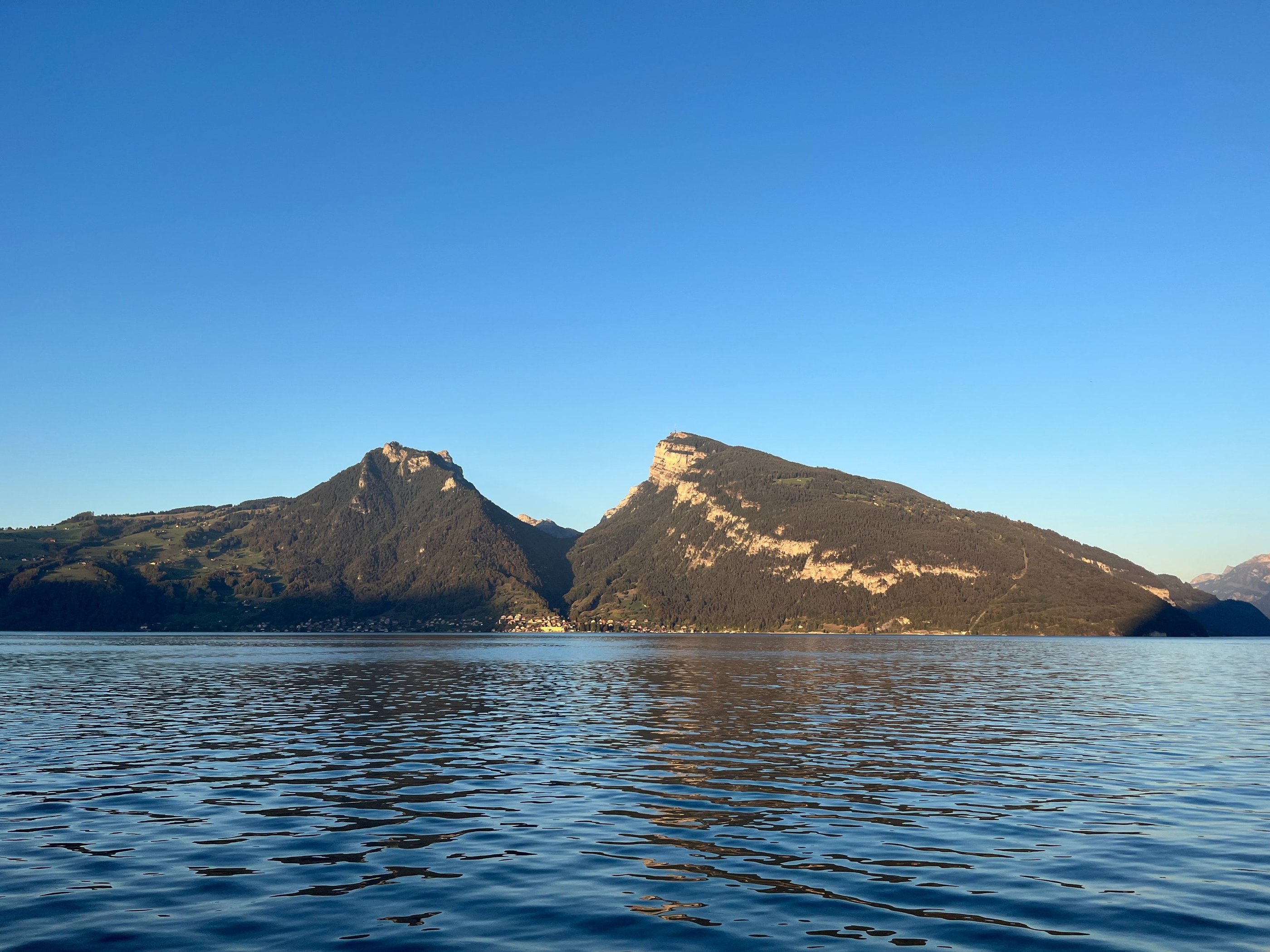 View of Niederhorn and the Justistal from across Lake Thun