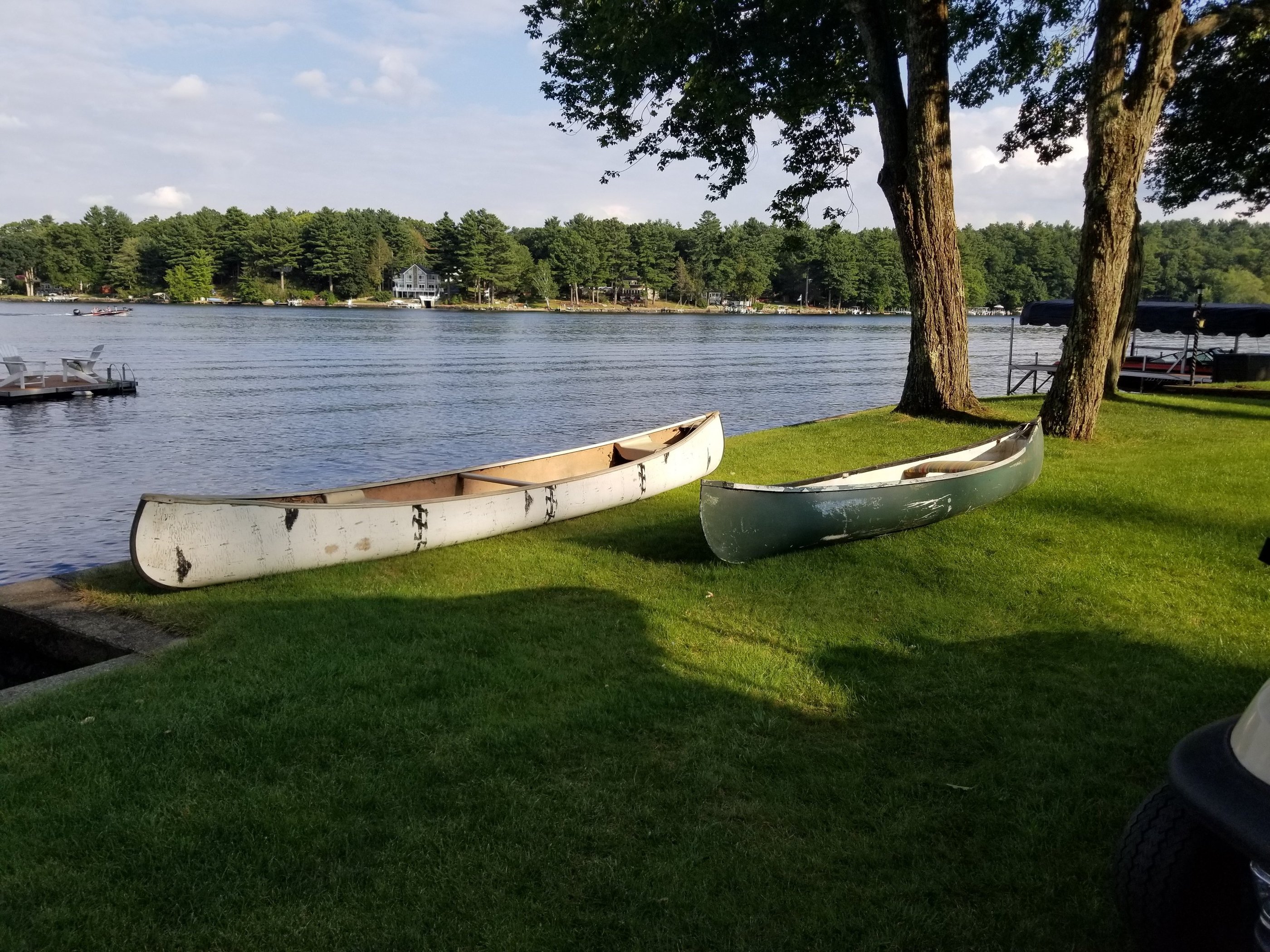 Two canoes resting on a green lawn by a peaceful lake with trees and houses in the distance.
