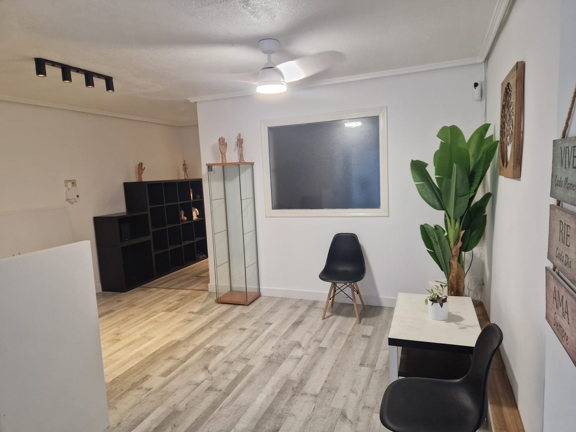 Salita de espera con plantas sillas y ventilador con luz