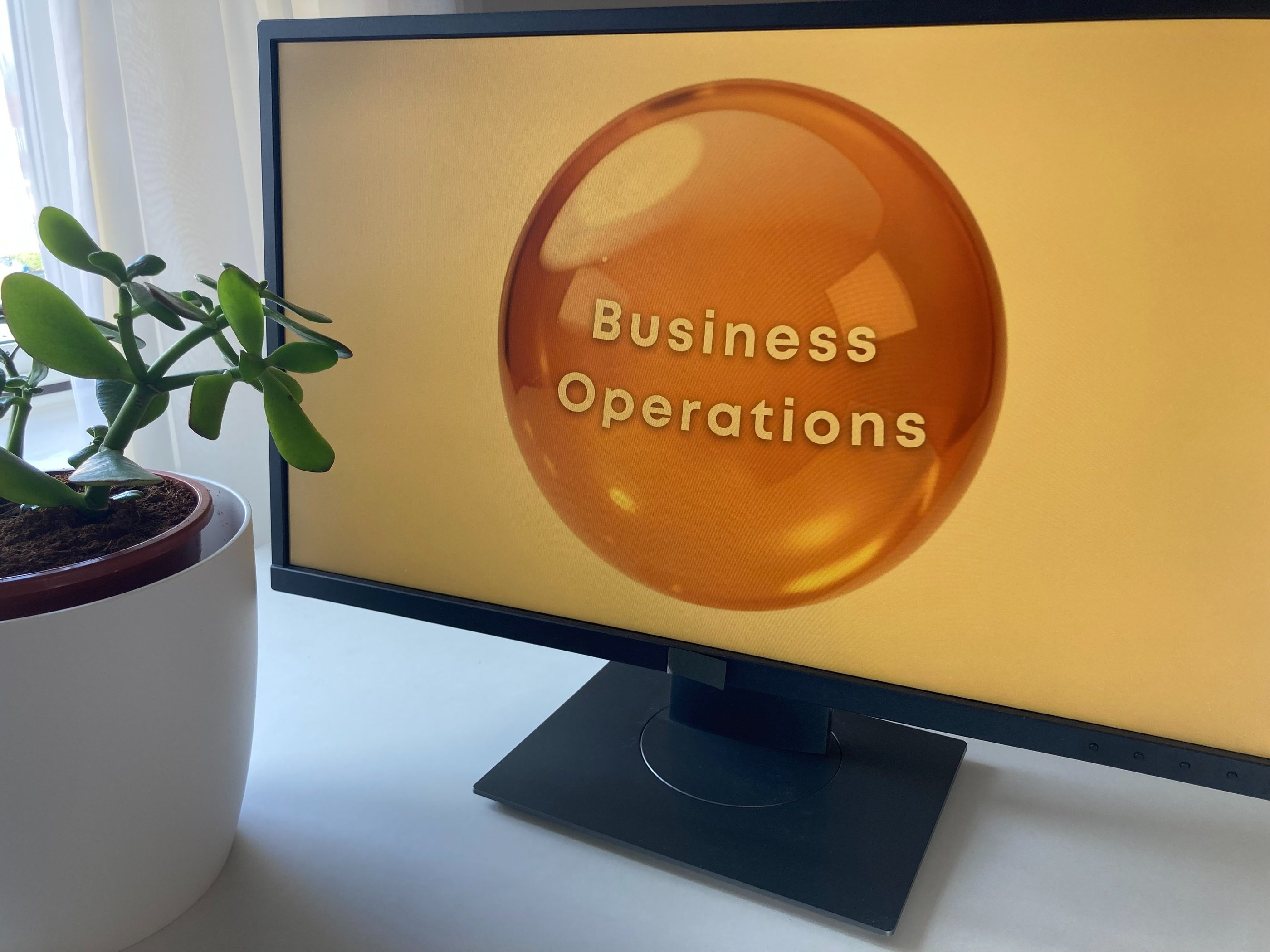 Business Operations logo on PC monitor plant and curtain