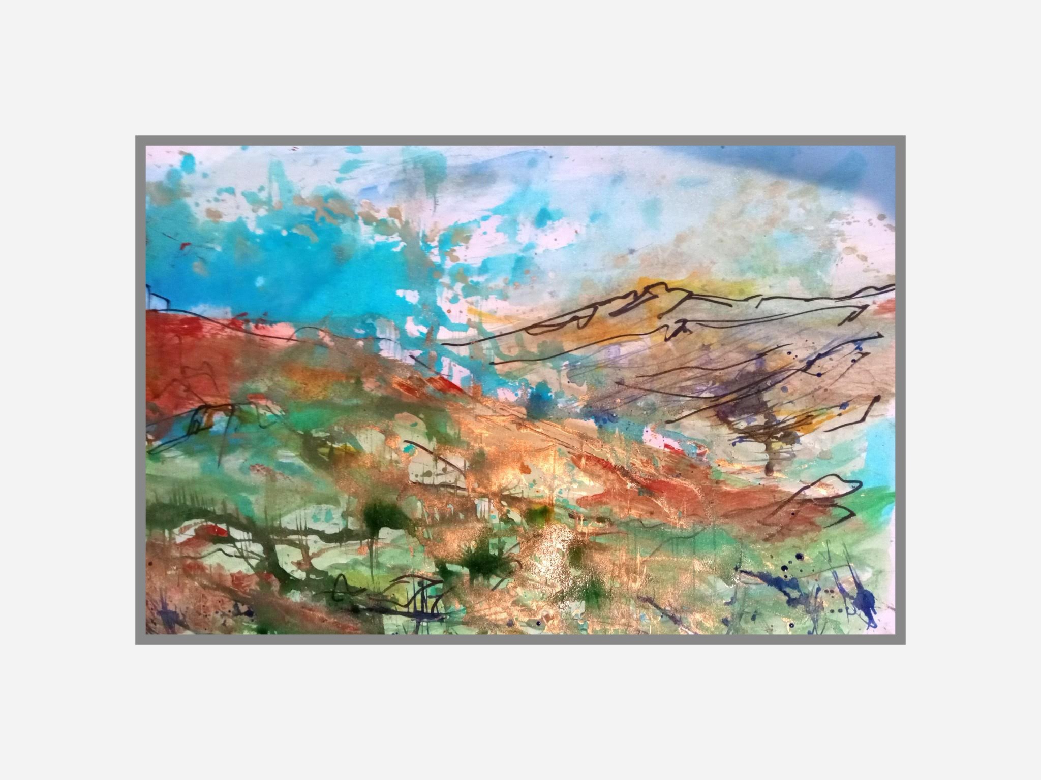 Abstract landscape painting with expressive blue, green, and copper tones and ink outlines.
