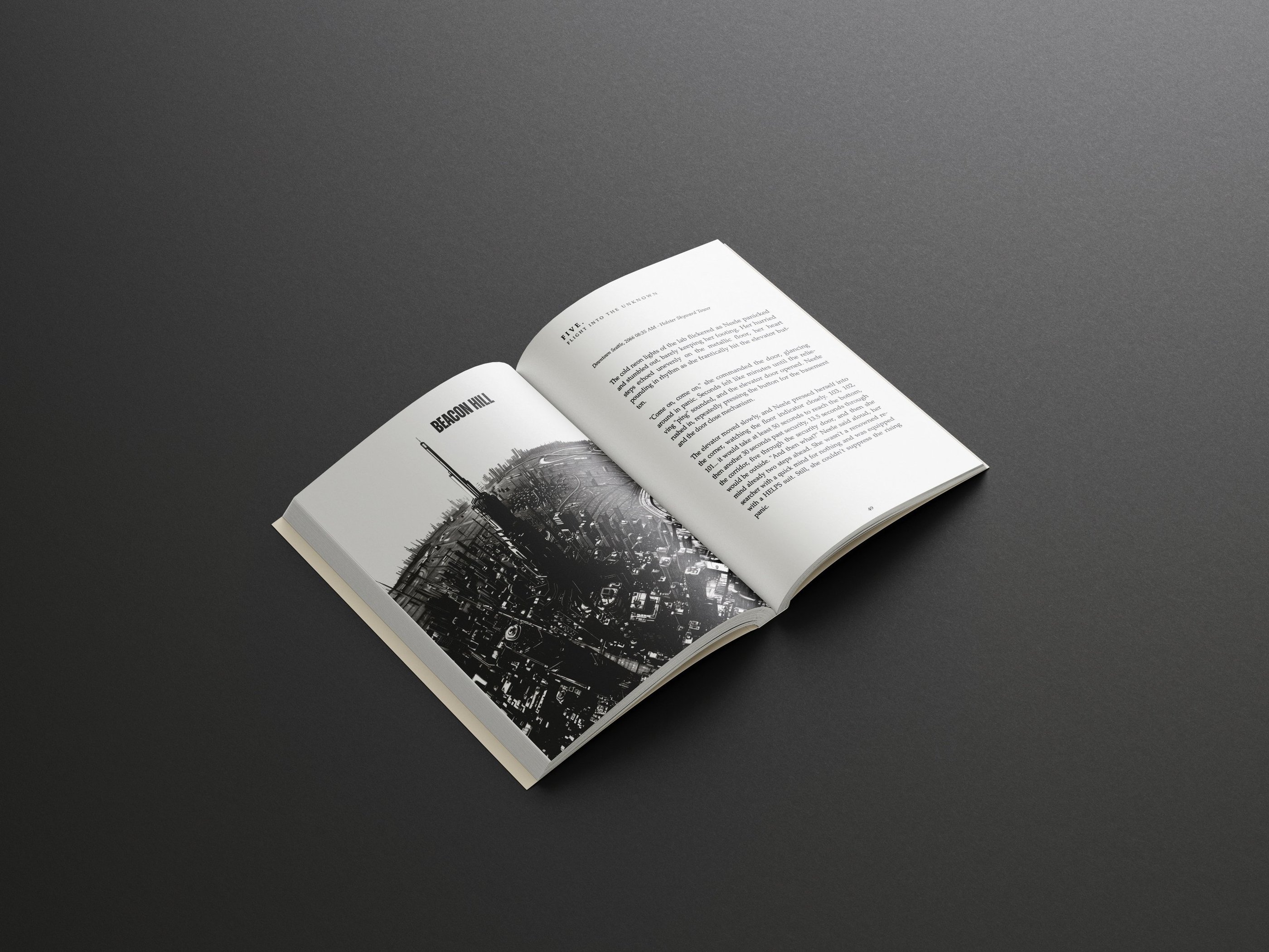 a book opened to show a book with a picture of a city skyline
