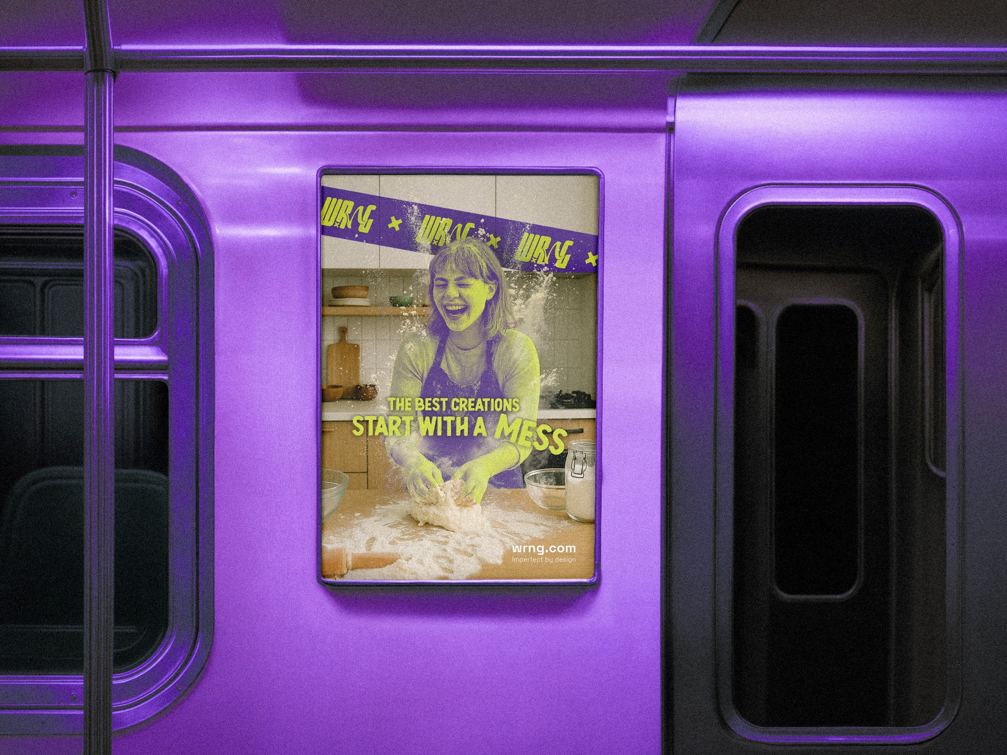 A poster mockup for the WRNG brand, inside of a train