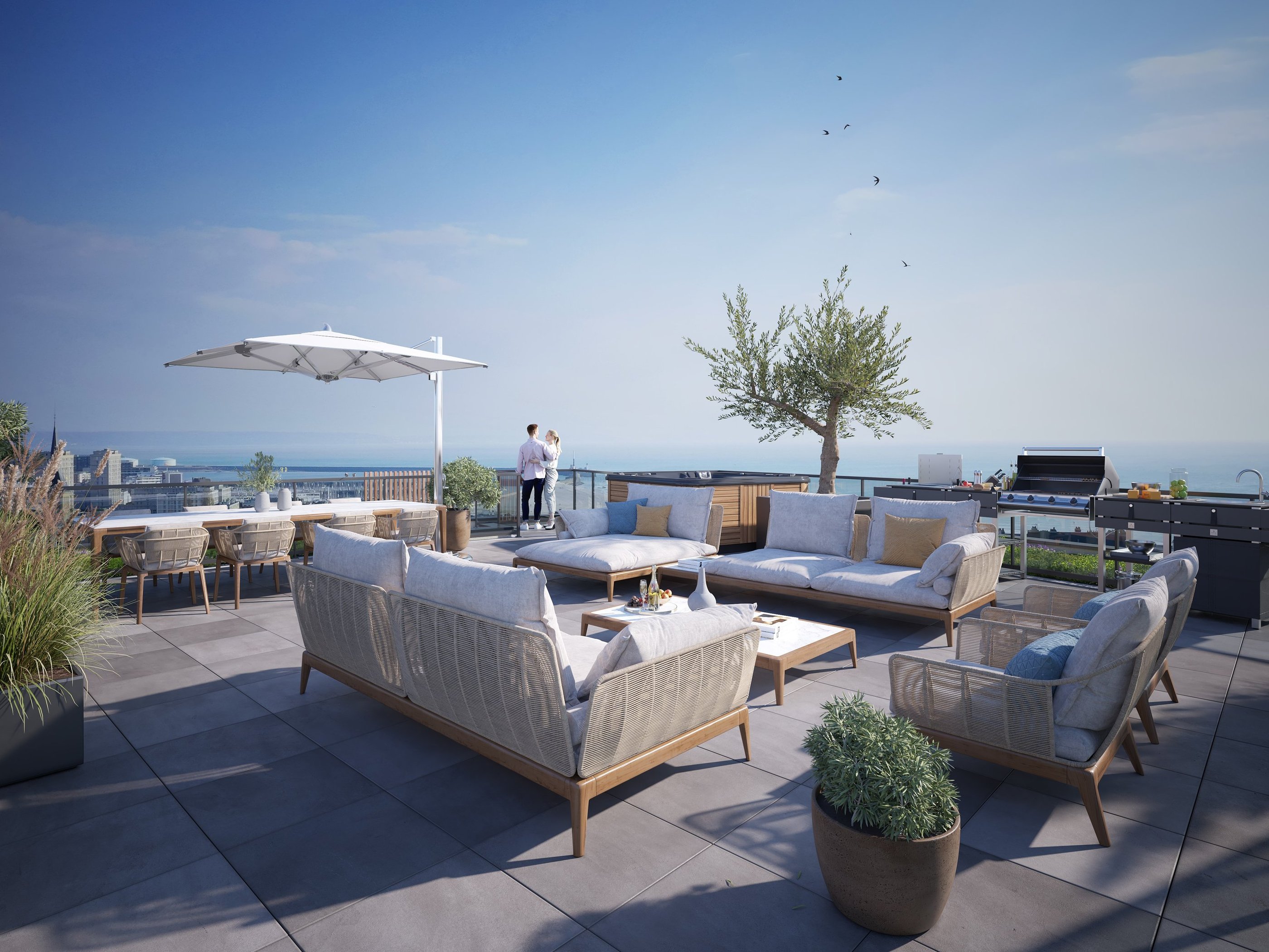 Terrasse aménagée avec vue sur la mer dans le quartier des Terrasses du Fort au Havre