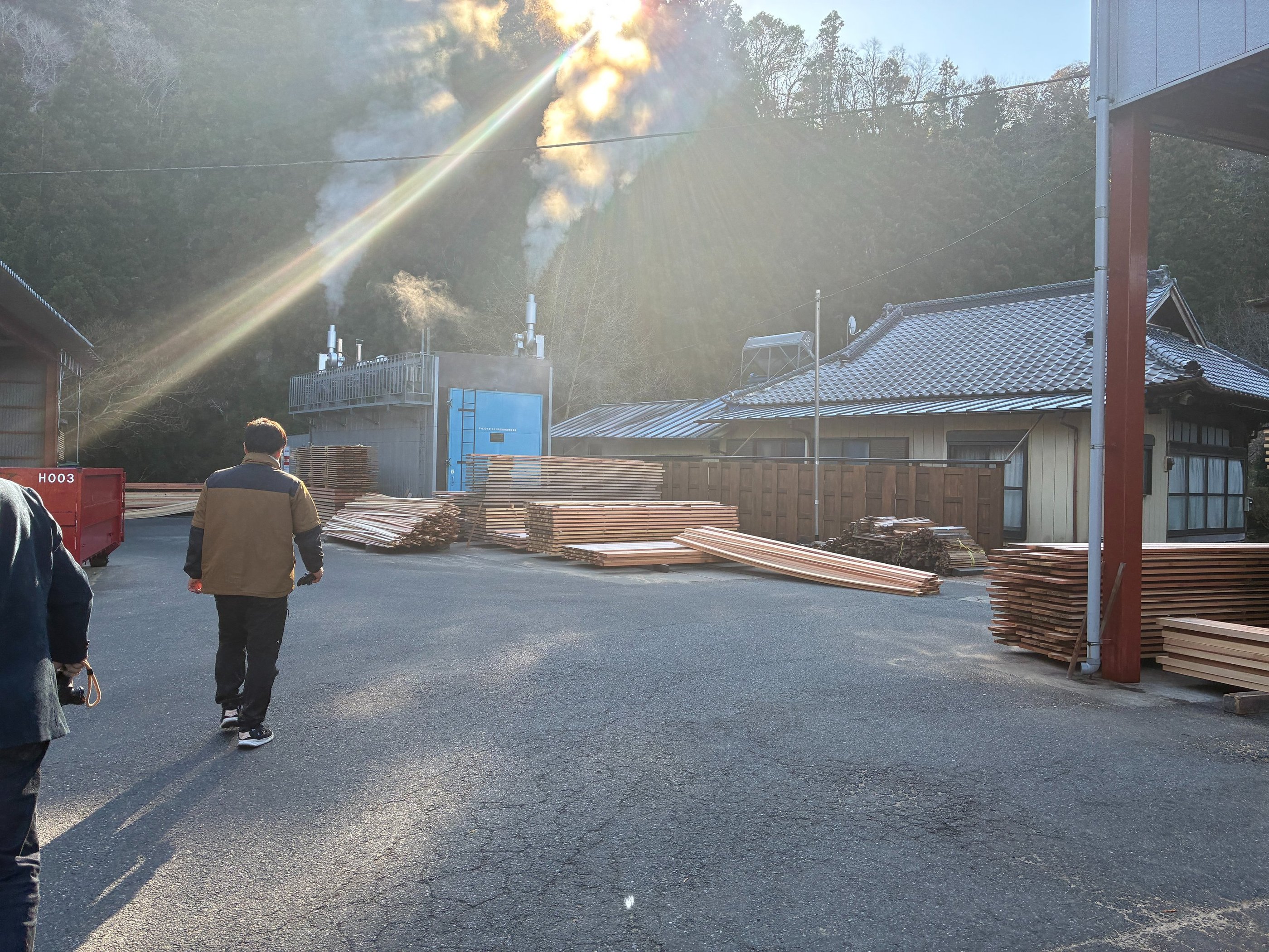 Stacks of cut timber drying at a Japanese sawmill facility with steam rising from processing equipment.