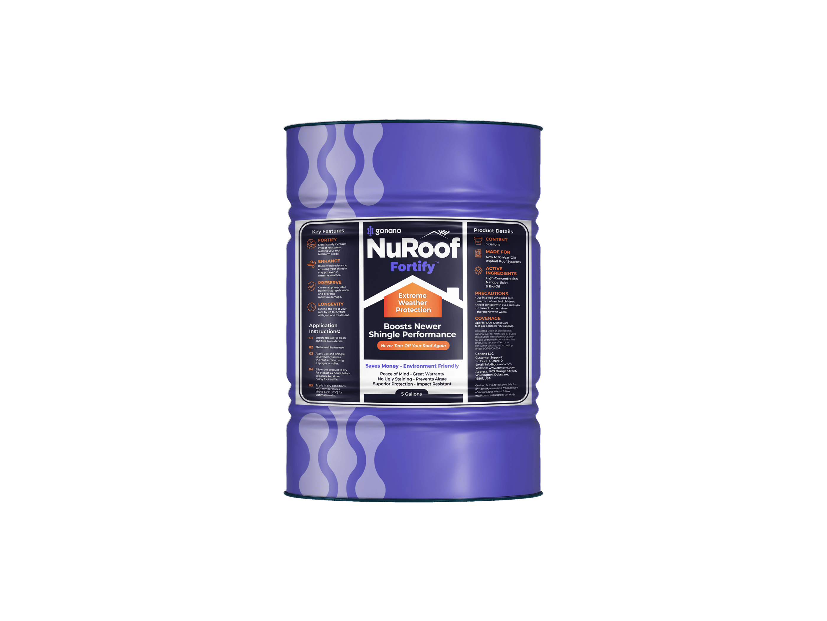 NuRoof Fortify extreme weather protection barrel for shingle roof restoration and durability.