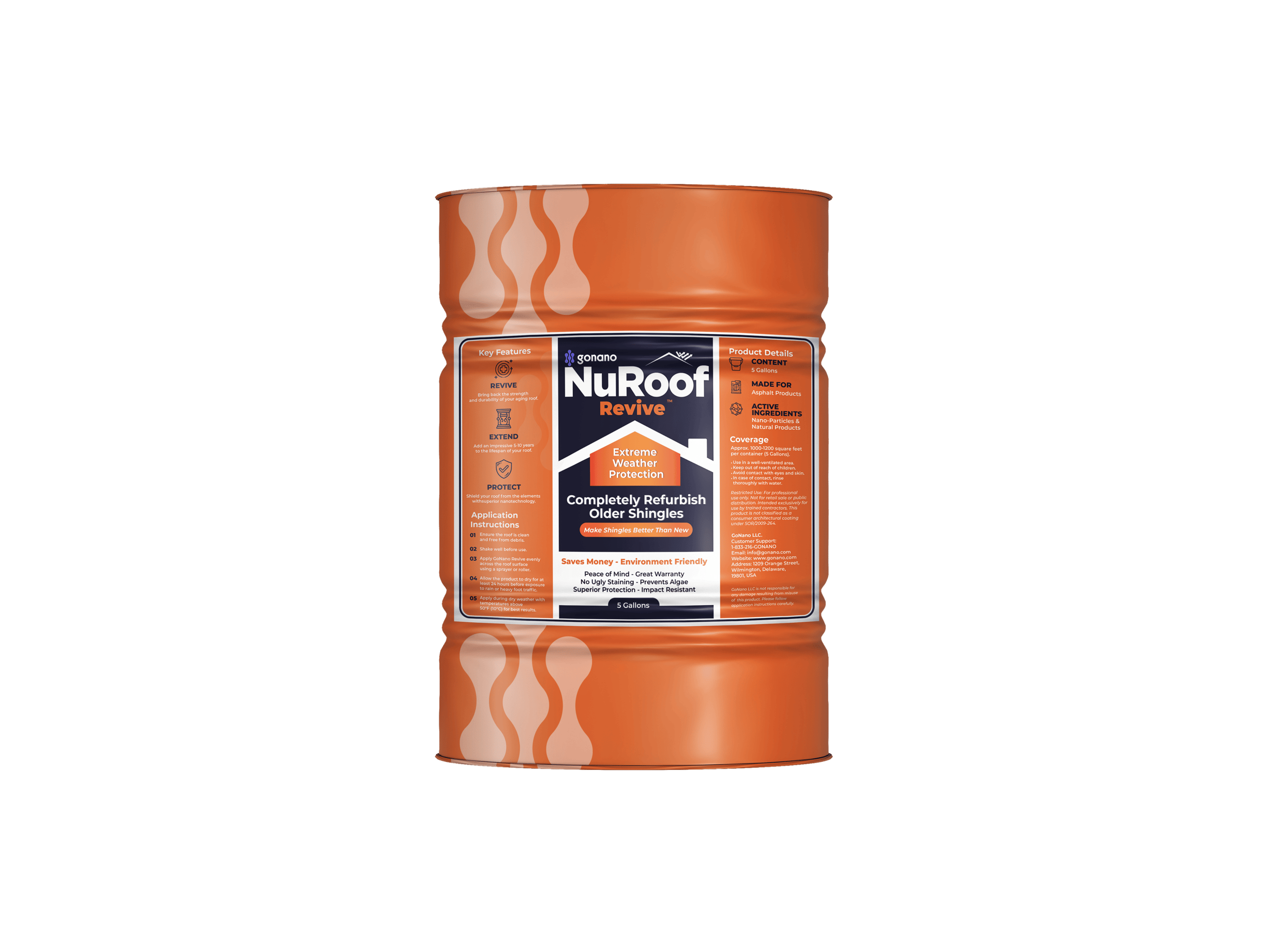 A large orange container of GoNano NuRoof Revive shingle sealant for extreme weather protection.