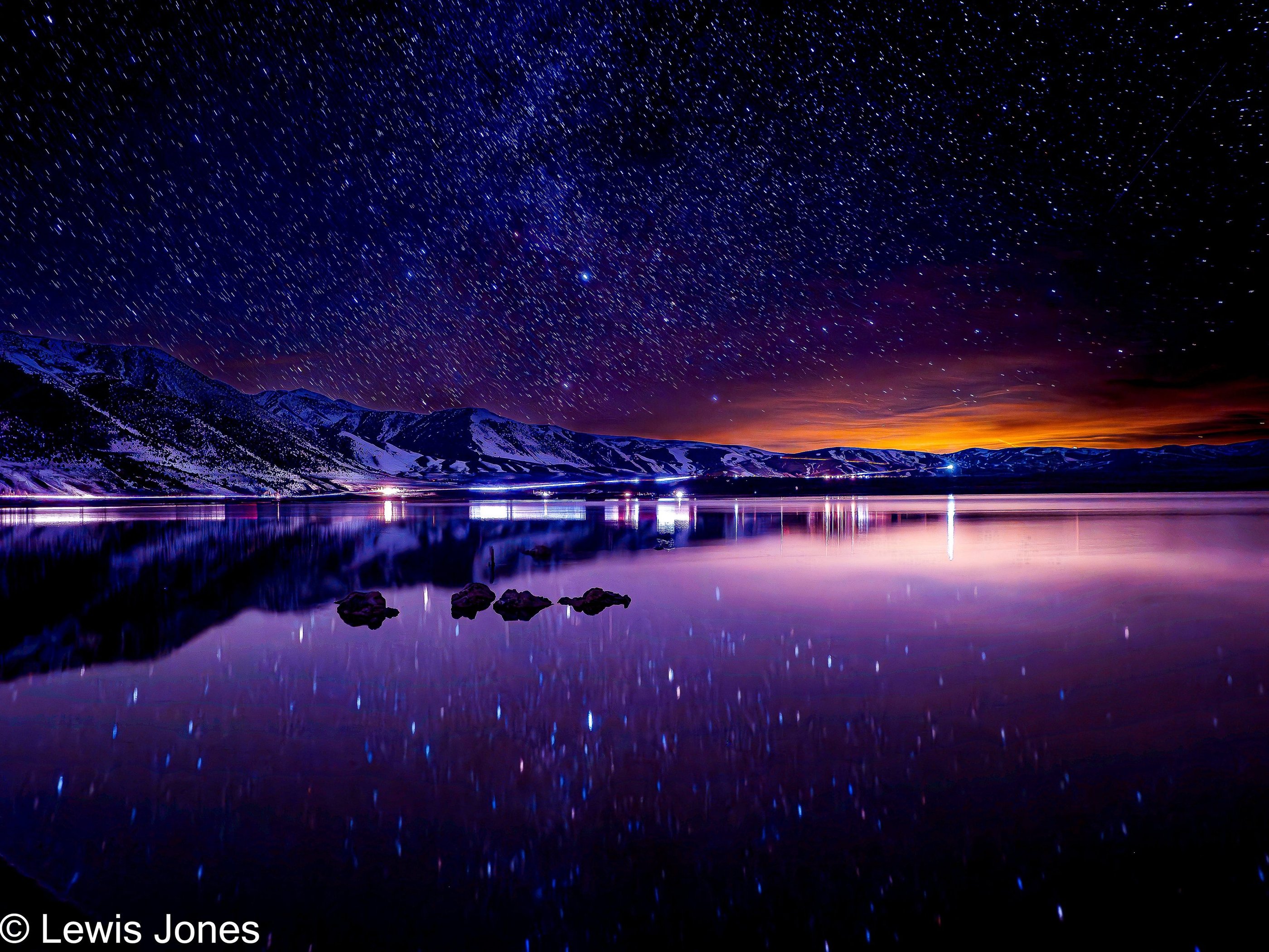 Mono Lake at night.  Hwy 395 in the background
