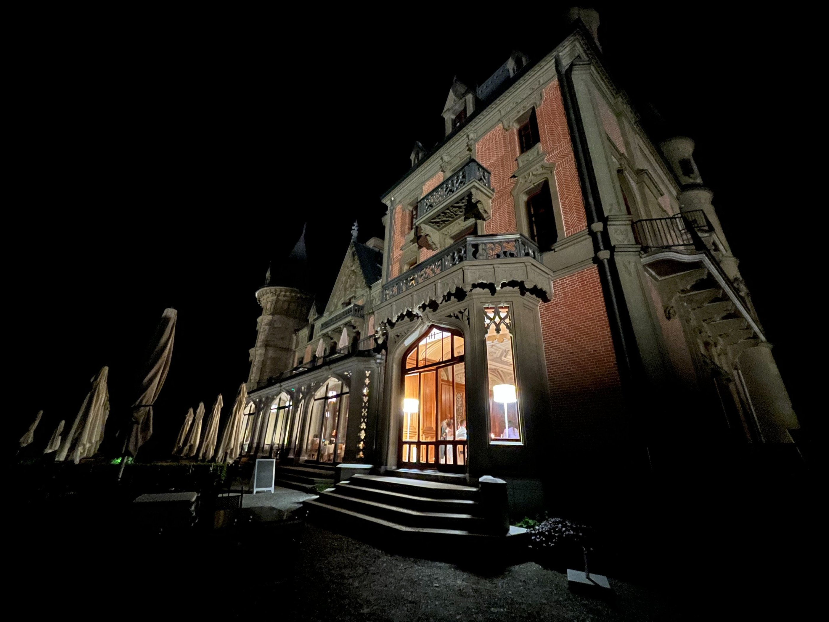 Looking up a Schloss Schadau in Thun Switzerland at night