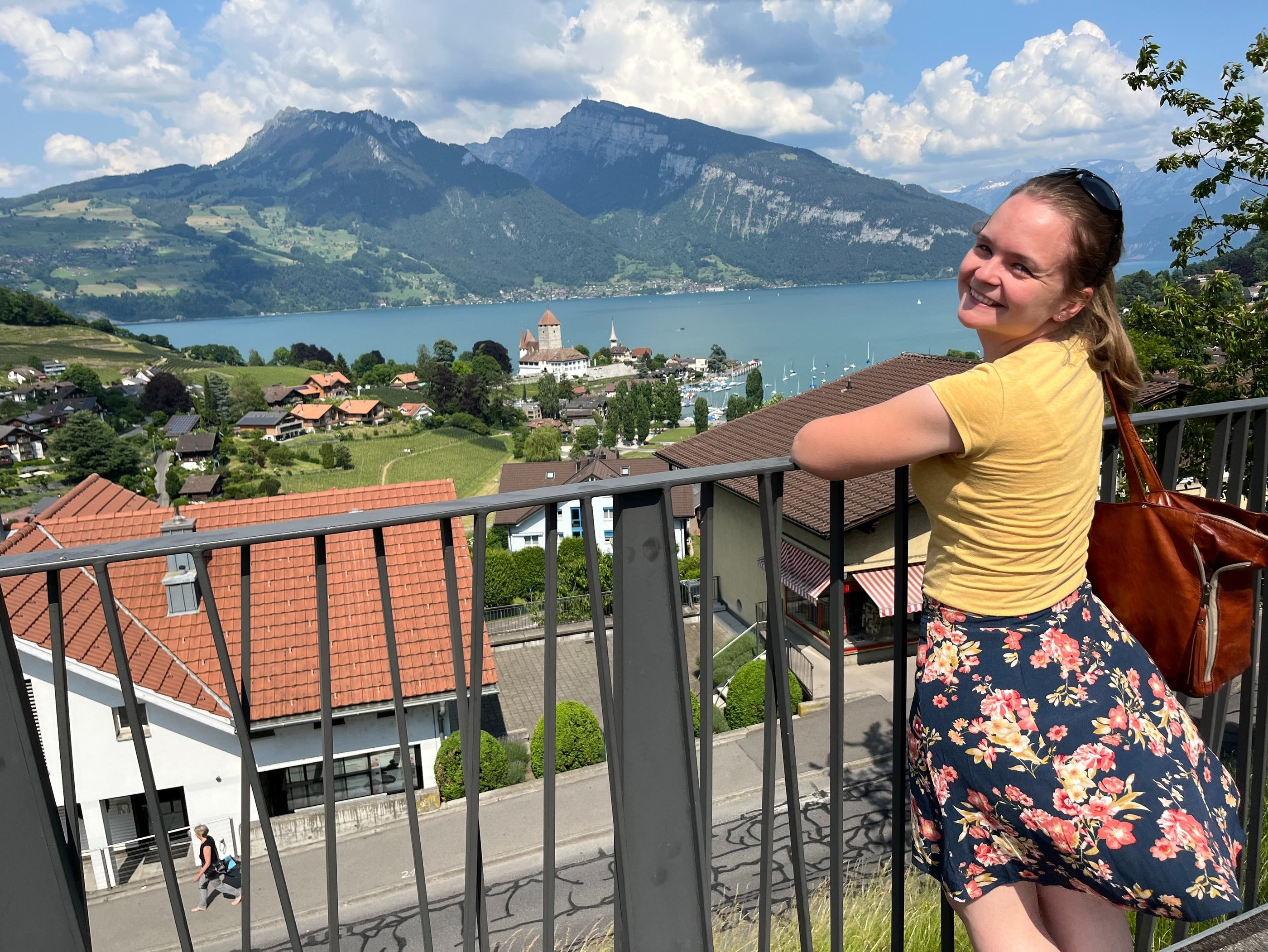 Corinne from Hidden Switzerland Travel looking out over Spiez