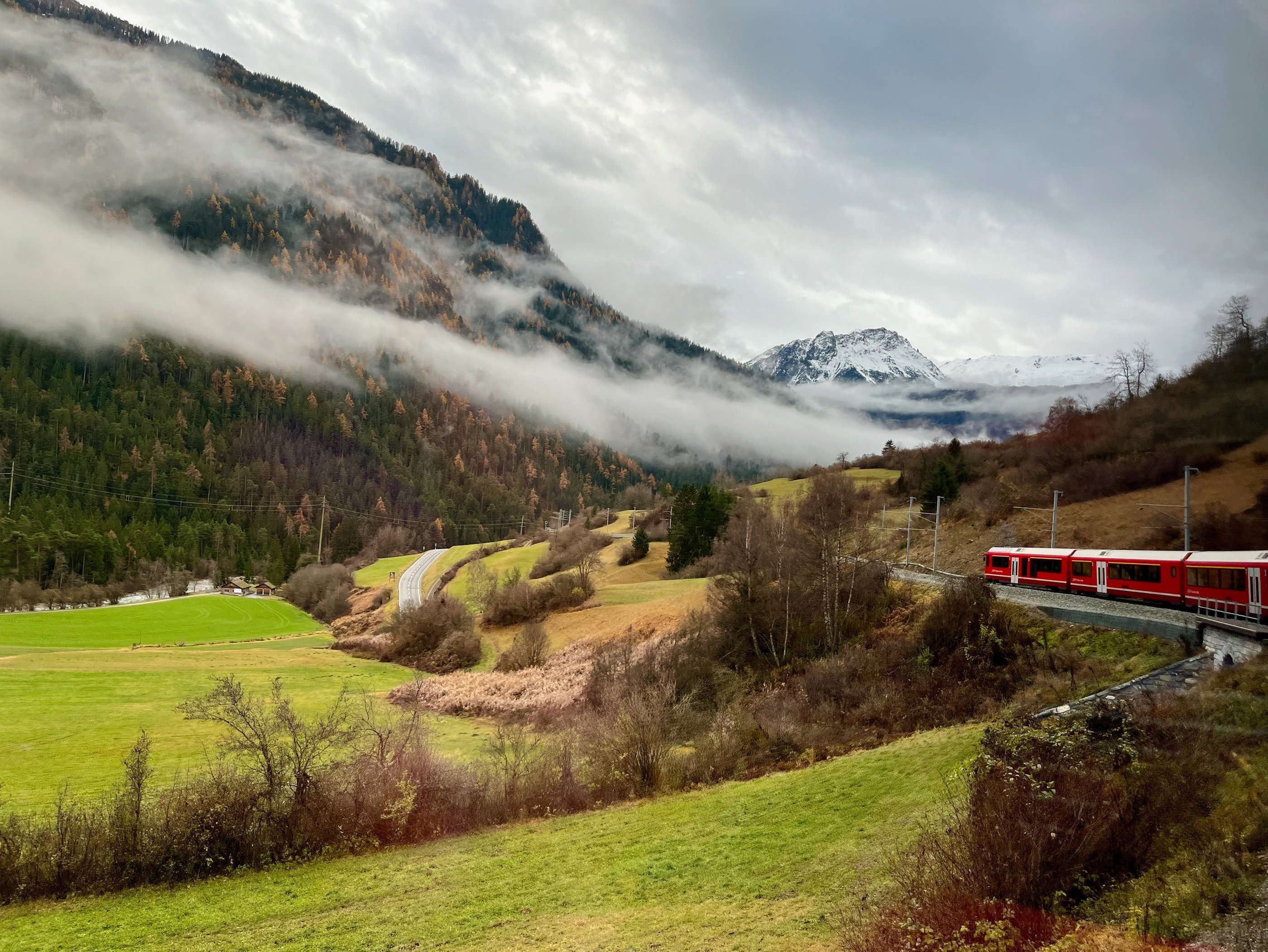 Mysterious view of the Albula-Bernina railway line in Switzerland