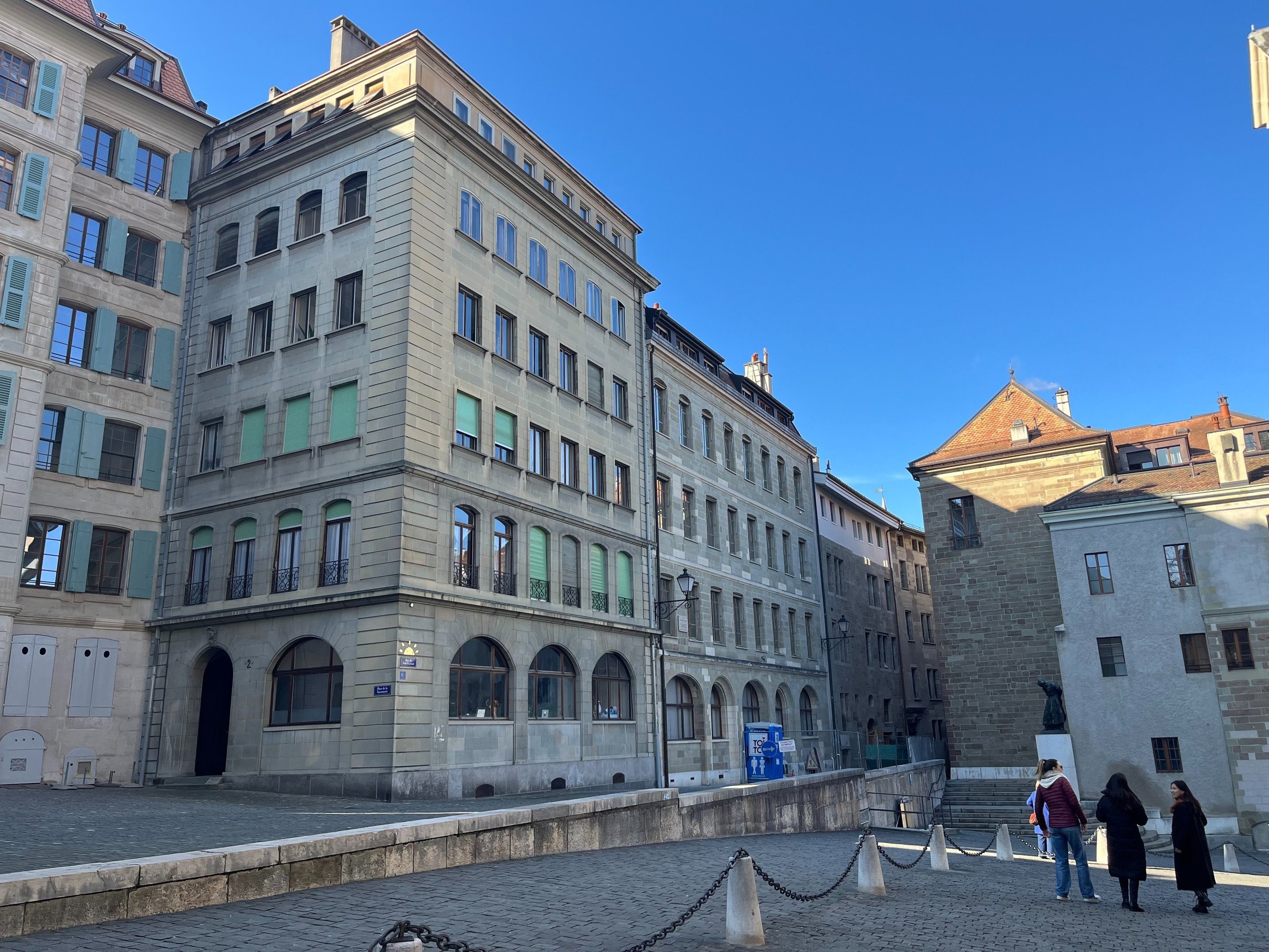 Plain stone buildings in the old town center of Geneva, Switzerland
