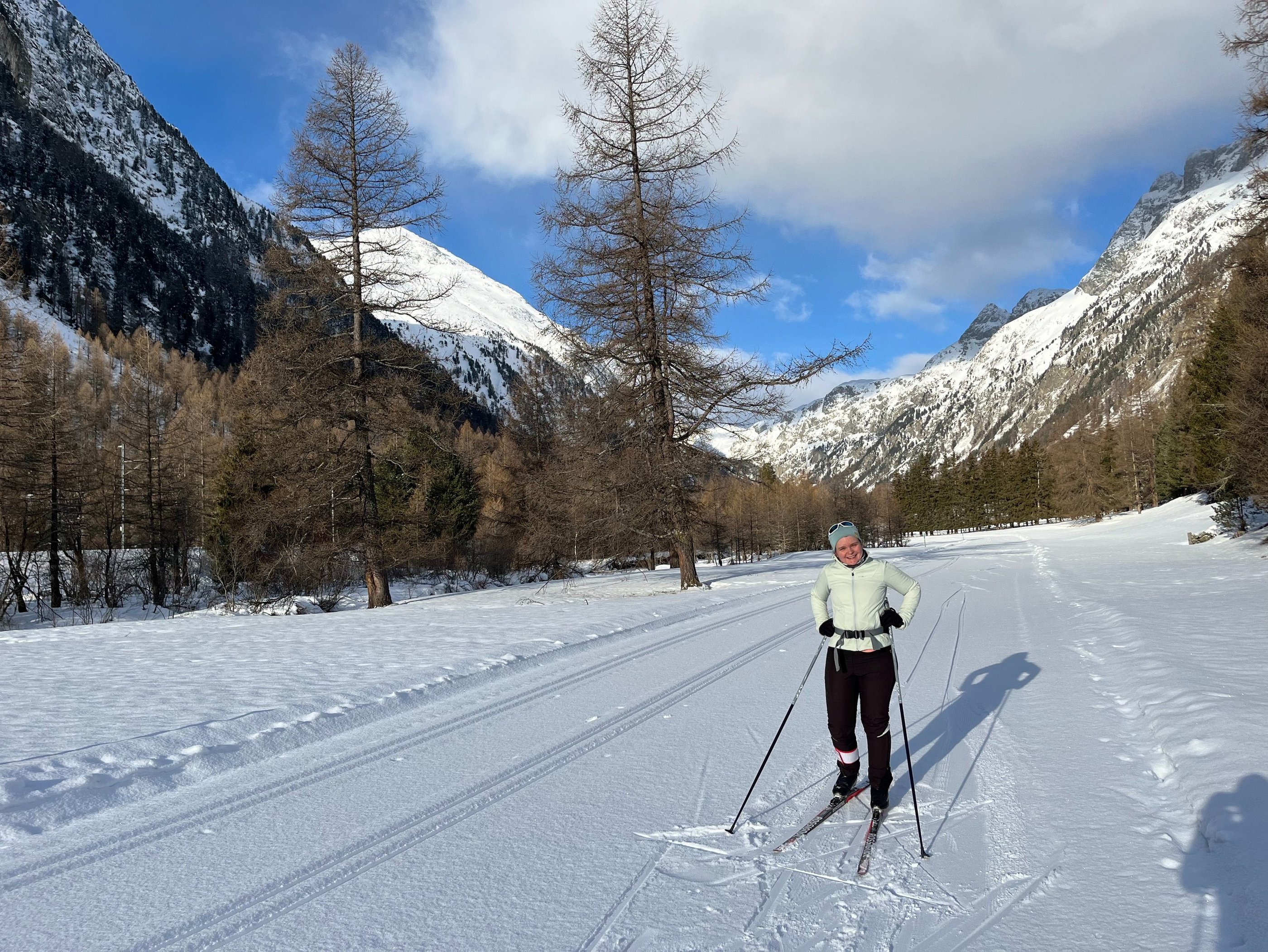 Corinne from Hidden Switzerland Travel on the ski tracks between Spinas and Bever Switzerland