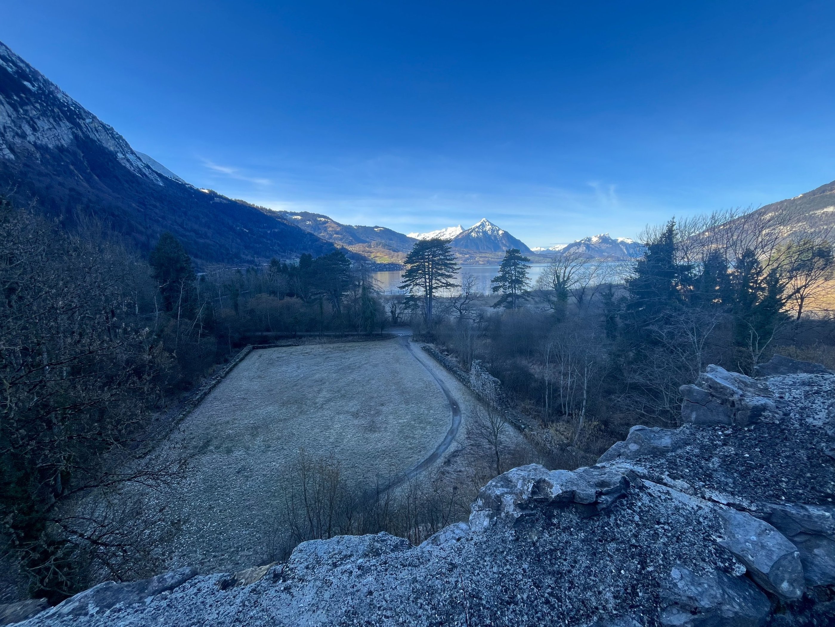 View looking at Lake Thun and Niesen from the top of the tower at Ruine Weissenau in Interlaken