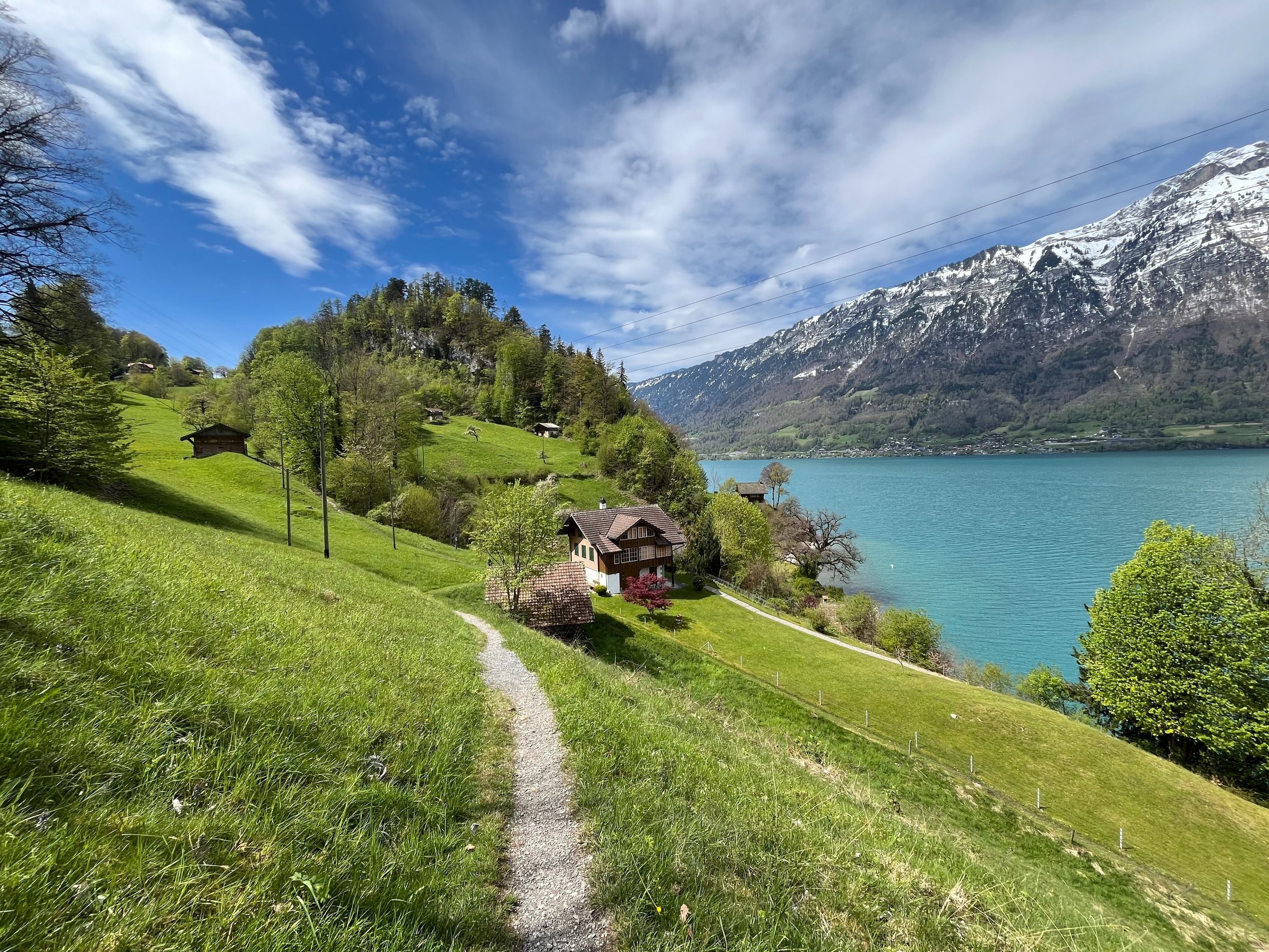 Looking out on the turquoise blue waters of Lake Brienz outside of Iseltwald in Switzerland