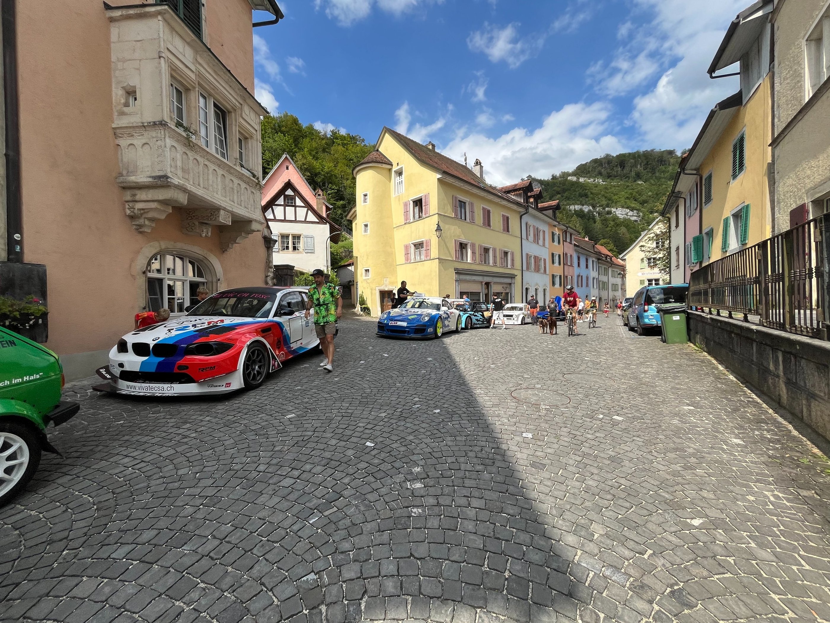 Race cars lined up in St. Ursanne in the Swiss Canton of Jura