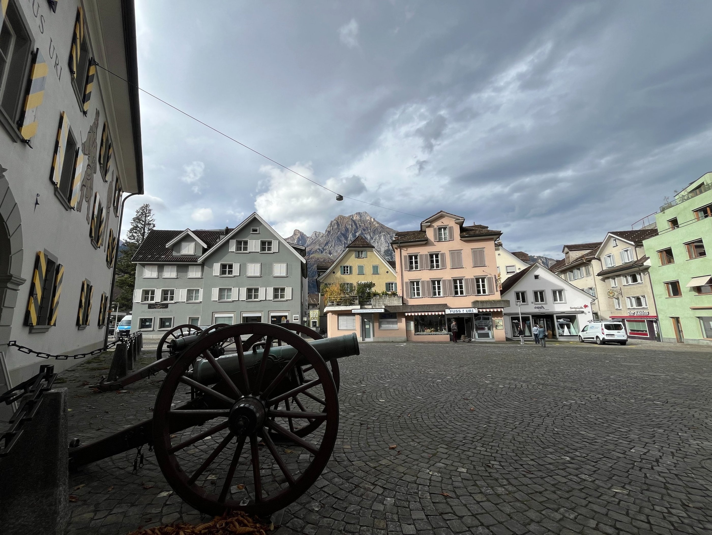 Looking up at the Alps from the center of Altdorf
