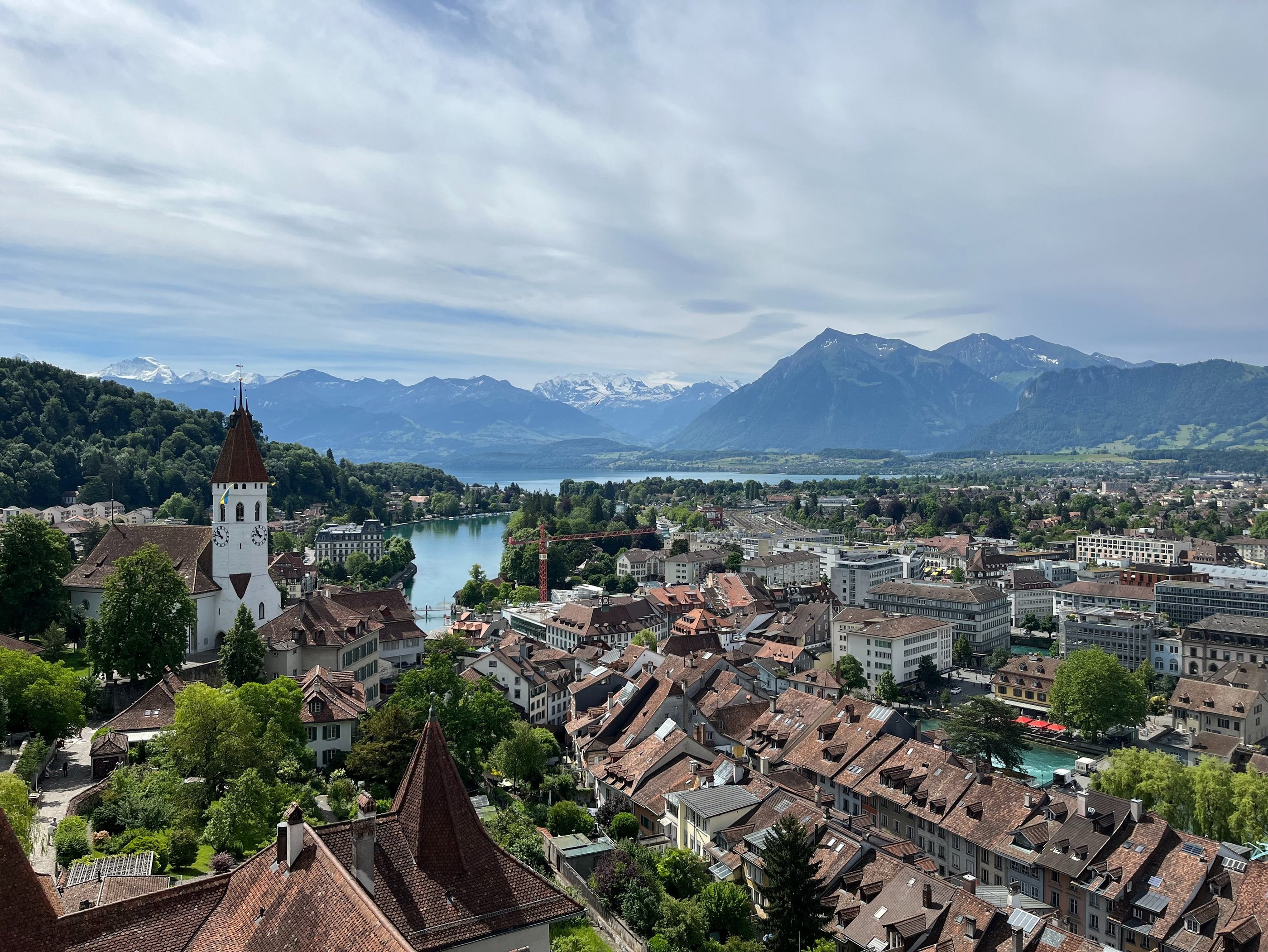 Looking out over Thun and the Alps from the top of Thun Castle in Switzerland